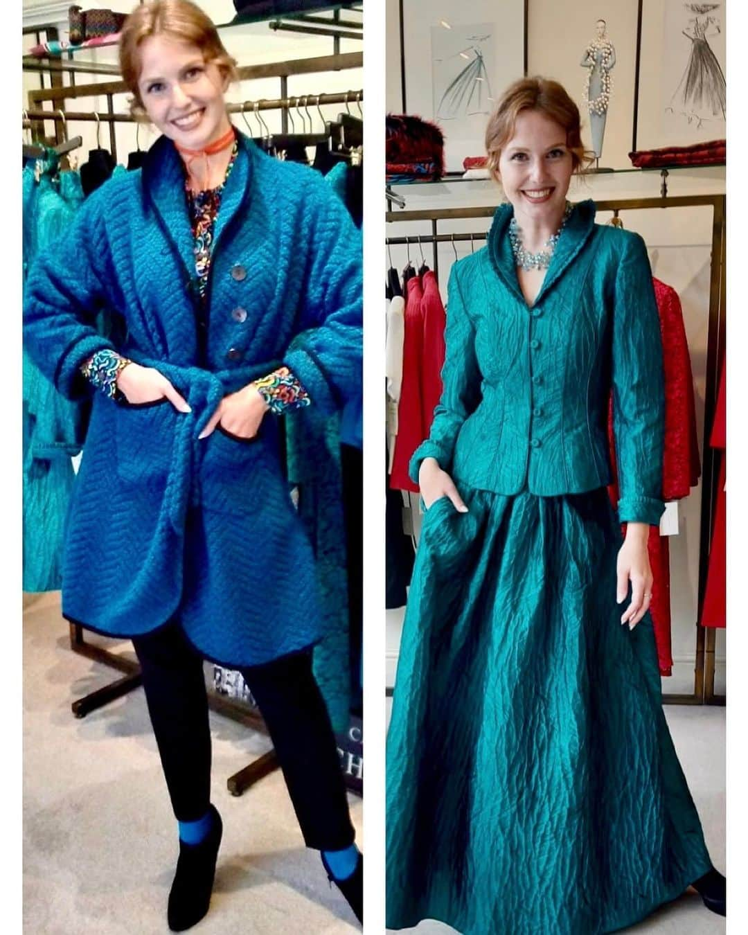 キャロライン チャールズのインスタグラム：「Autumn winter show party at our Exeter store @princesshayexeter -Shop our new collection online or in our stores #blueciel #coat #stefanocoat #britishdesigner #Brocadeskirt #lushfabrics #britishdesigner #carolinecharles #fashionuk #londondesigner #luxurylifestyle #newcollection #ladiesfashion #luxurywear #wordrobeideas # luxurygoods #newseason」