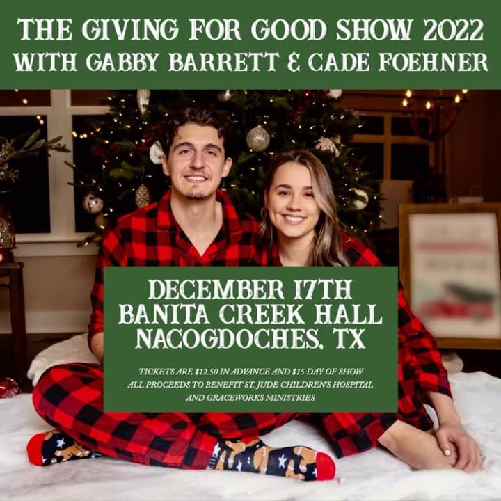 ギャビー・バレットのインスタグラム：「SURPRISE!  We are starting a Christmas fundraiser show every year annually, ALL proceeds will go directly to purchasing toys for different organizations/hospitals each year. This year is @stjude & @graceworkstn 🤎  Children in need are heavily on our hearts, all year round. We are so excited to start this. Let’s SELL IT OUT first year! EAST TX BANITA CREEK see you there ❤️ tickets in my bio for purchase - P.S Will be a very intimate show of just Cade & I :)   Matthew 19:14  “Let the little children come to me, and do not hinder them, for the kingdom of heaven belongs to such as these.”」