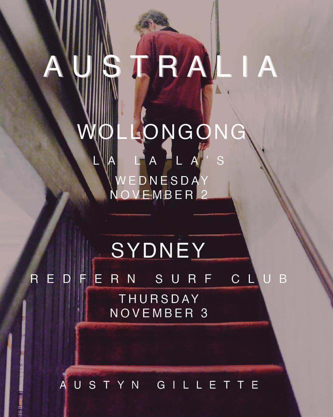 オースティン・ジレットのインスタグラム：「Dear Australia, I’ll be playing some shows next week in Wollongong and Sydney, come gather🍷. Nov 2- Wollongong- la la la’s  Nov 3- Sydney - Redfern surf club」