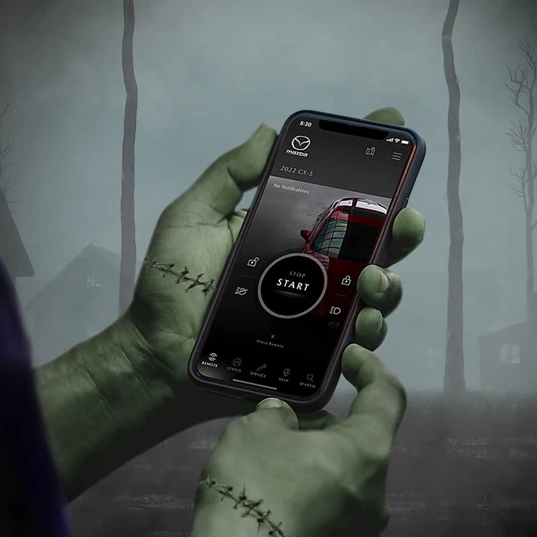 MAZDA Canadaのインスタグラム：「Let's be Frank, there's nothing spookier than not knowing your vehicle's status. Keep your Mazda's health at your fingertips with the MyMazda app. #MazdaCanada​ 🔴​ Quel que soit votre déguisement, il n’y a rien de plus effrayant que d’ignorer l’état de son véhicule. Gardez à l’œil le bilan de santé de votre Mazda grâce à l’application MyMazda.​」