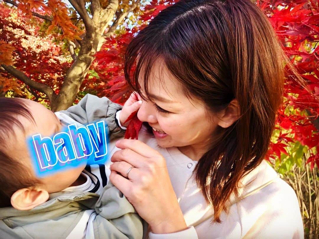 芳賀愛華のインスタグラム：「. 一緒に秋探し🍁❤️❤️ . . . #紅葉#男の子ママ#9ヶ月ベビー」
