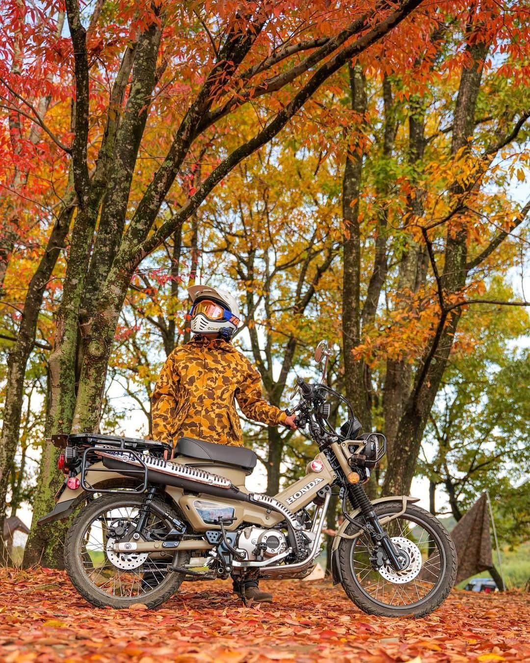 モロケンのインスタグラム：「秋景色 九州の秋は長いです🍁  てことで今から1週間インドに行って来ます🇮🇳 今日からインド投稿多めになるｯｯ！  #ct125 #ハンターカブ #バイク #インド」