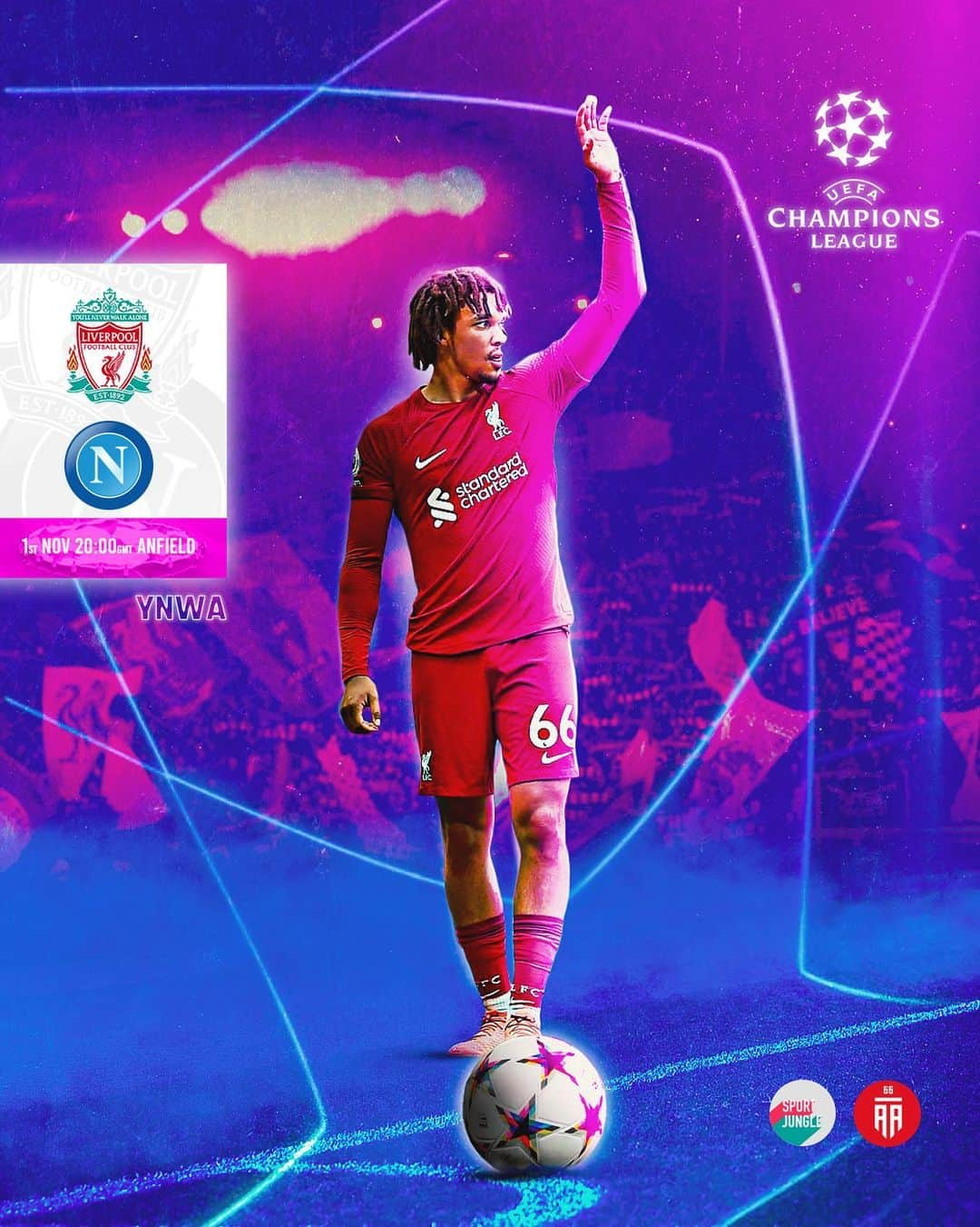 トレント・アレクサンダー＝アーノルドのインスタグラム：「MATCHDAY! Liverpool vs Napoli. 📍 Anfield (01-11-2022) 🔴📷: Edit created in partnership with @thesportjungle 🔴 @trentarnold66 🔴   Tags ignore: #trentarnold #TAA66 #team66 #trentalexanderarnold #team66 #trentalexander  #milner #hendo #gerrard #diogojota #liverpool #lfc #salah #mane #firmino #robertson #vandijk #keita  #chamberlain #aoc #thiago #matip #gomez  #tsimikas #football  #l4l #f4f #lfl #like4likes」