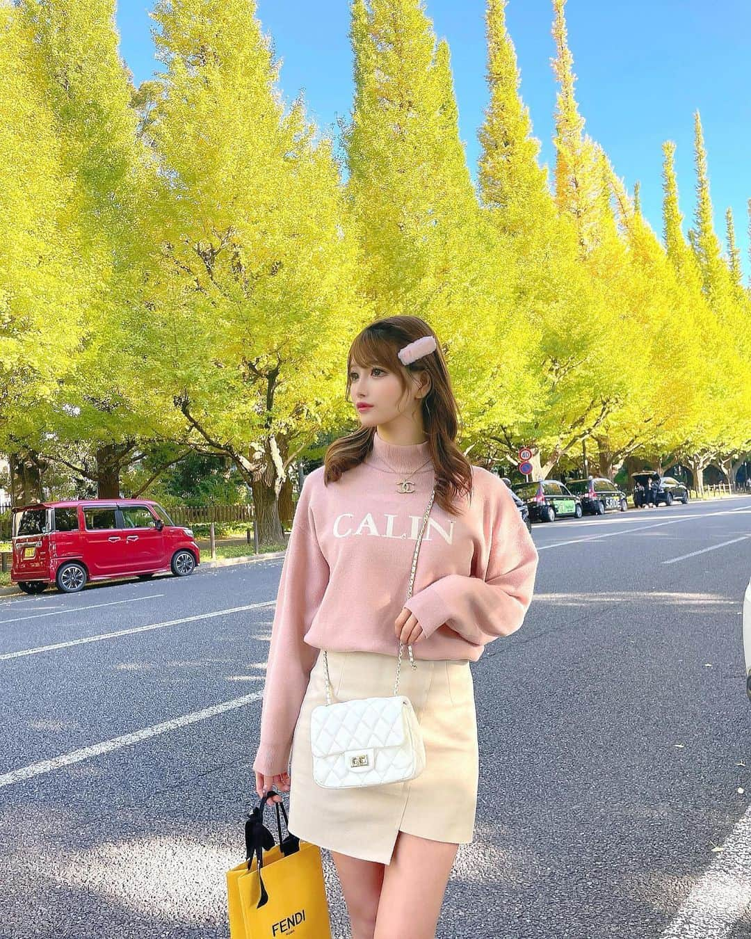 桜咲乃愛さんのインスタグラム写真 - (桜咲乃愛Instagram)「銀杏並木🤍  毎年気付いた時には散ってるからどうかな？？と思ったらまだちょっと早かったけど人も少なくて良かった🥰💕  #銀杏並木#外苑前いちょう並木 #青山#コーデ#ピンクニット#お散歩コーデ」11月3日 18時38分 - noasama1101