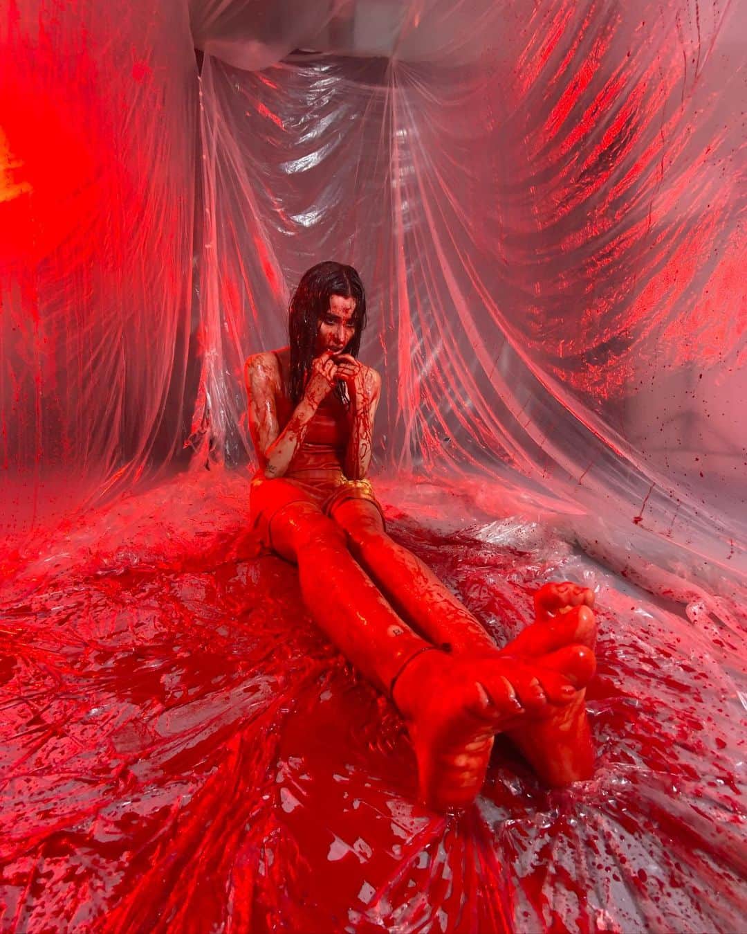 Greta Menchiのインスタグラム：「type of stuff that i love - so much fun casually shooting -this a night -I think it was June. One of my biggest secret dreams since I was a child was to be casted for sum horror project. I’m wildly manifesting this for me 🕹️ ⚠️FAKE BLOOD⚠️ (@giuliocafasso was right got banned 2 times for this post ❌❌❌) ps. What’s your biggest trigger? Mine is being called “amore” “tesoro” “ciccia” “tata” ecc literally cannot stand it. What’s yours? I wanna know」