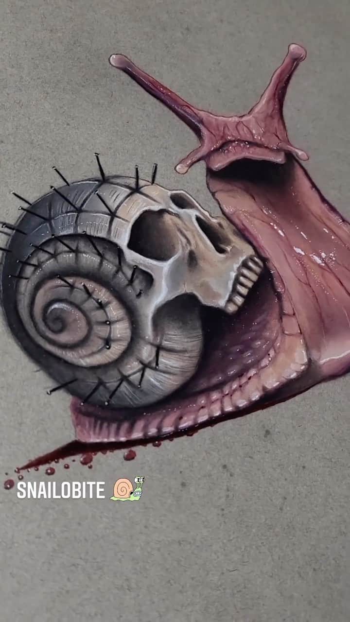 Art Collective Magazineのインスタグラム：「Loving this hellraiser snail by @mixxedmonster 🐌 definitely give him a follow for tons of other great works! Thanks for the support 💥 #artnerdsupport #artnerd #artcollective #skull #snail #hellraiser」