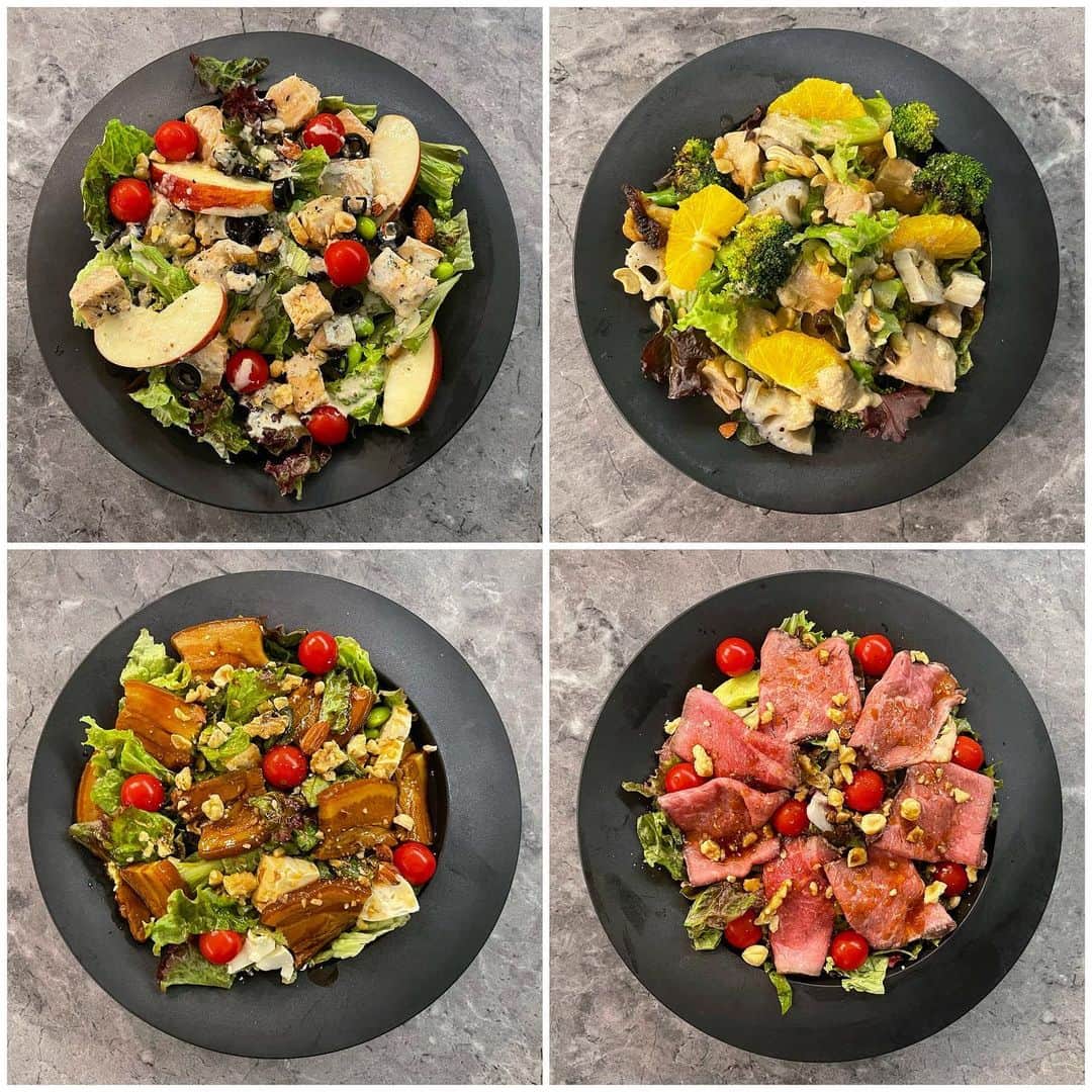 Aya（小山内あや）のインスタグラム：「#AYAサラダ 🍽✨ サラダの野菜部分の土台をタッパーに作り置きしたら上の具材を日替わりで楽しむサラダ🥗。 へルシーだし簡単だから忙しい時はほぼ毎回やってる👍ww 皆さんはサラダ作る時使う「マスト野菜」って何にしてますか❓私はだいたいレタス🥬・ブロッコリー🥦・枝豆🫘・Mixナッツ🥜… ( 彩りでミニトマト🍅も。)かな🤔 #冬はサラダが温野菜バージョンになります #寒い時期は身体を冷やさないように根菜類もなるべく追加してね」