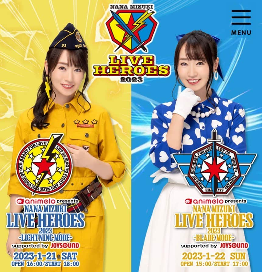 水樹奈々のインスタグラム：「『NANA MIZUKI LIVE HEROES 2023』の特設サイトを公開しました。  ◆公演情報◆ 2023年1月21日(土) [開場]16:00／[開演]18:00 -LIGHTNING MODE-  2023年1月22日(日) [開場]15:00／[開演]17:00 -BLADE MODE-  会場：【埼玉】さいたまスーパーアリーナ」