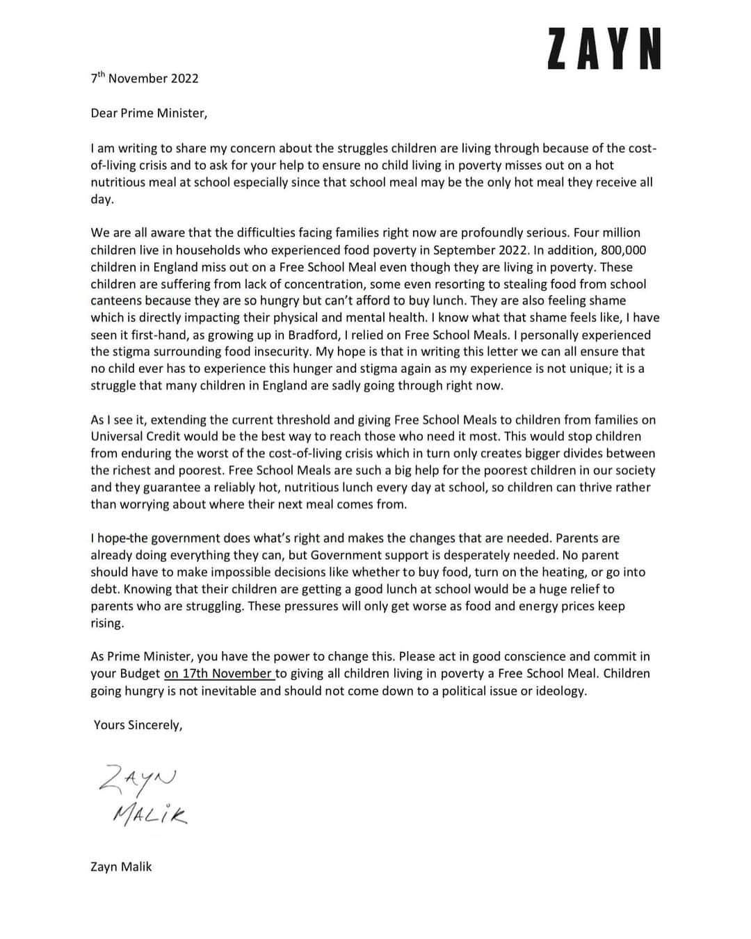 ゼイン・マリクのインスタグラム：「No child should have to suffer the trauma and stigma of hunger & poverty. We want every child to grow up healthy to lead productive lives. I am calling on @10DowningStreet to expand #FreeSchoolMeals to every child in poverty in England.」
