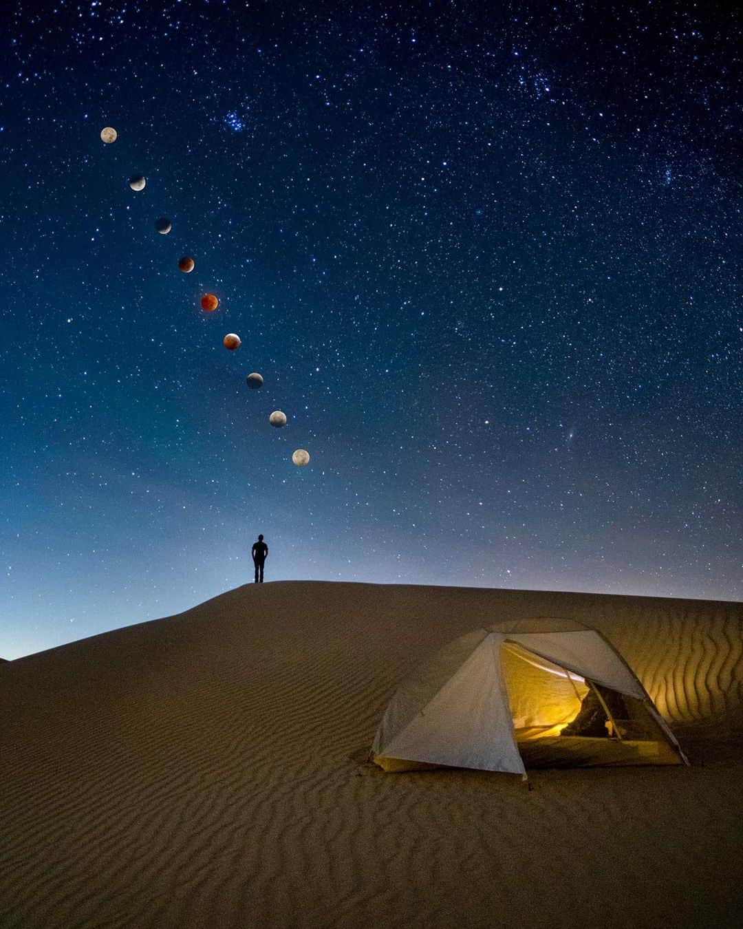 Travis Burkeさんのインスタグラム写真 - (Travis BurkeInstagram)「This morning's Total Lunar Eclipse! A composite showing the entire sequence as the sun, earth, and moon perfectly aligned. While Earth’s shadow covered the moon, light passed through our atmosphere with only red and orange wavelengths able to reach the moon's surface. The reddish color is why it’s sometimes called a Blood Moon.   From a photography perspective, this was way harder to capture than I envisioned. There is such an extreme exposure difference from the fully illuminated moon, to the fully eclipsed moon, that it made bringing all of these different phases together quite challenging.   This is why I love photography though! Instead of sitting at home in the rain, I was inspired to head out into nature and push myself mentally and physically while also experiencing a beautiful and somewhat rare astronomical event.   I hope you enjoyed following along on my journey and if you missed seeing this one for yourself, you might get another chance in 2025!   #totallunareclipse #bloodmoon #lunareclipse2022 #nightphotography #lunareclipse」11月9日 3時47分 - travisburkephotography