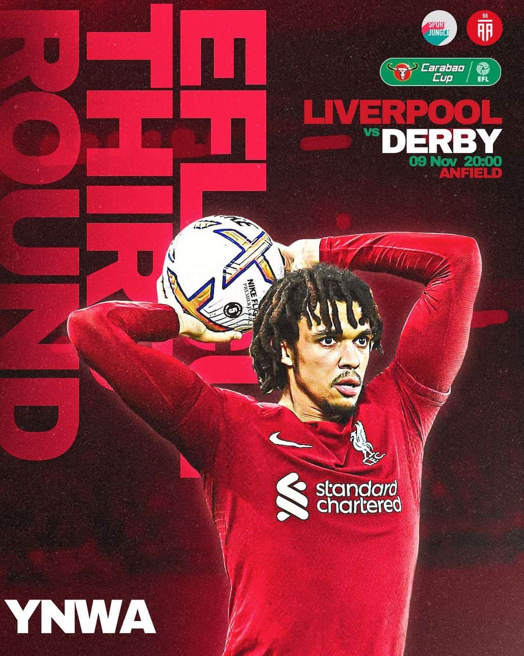 トレント・アレクサンダー＝アーノルドのインスタグラム：「MATCHDAY! Liverpool vs Derby County. 📍 Anfield (09-11-2022) 🔴📷: Edit created in partnership with @thesportjungle 🔴 @trentarnold66 🔴   Tags ignore: #trentarnold #TAA66 #team66 #trentalexanderarnold #team66 #trentalexander  #milner #hendo #gerrard #diogojota #liverpool #lfc #salah #mane #firmino #robertson #vandijk #keita  #chamberlain #aoc #thiago #matip #gomez  #tsimikas #football  #l4l #f4f #lfl #like4likes」