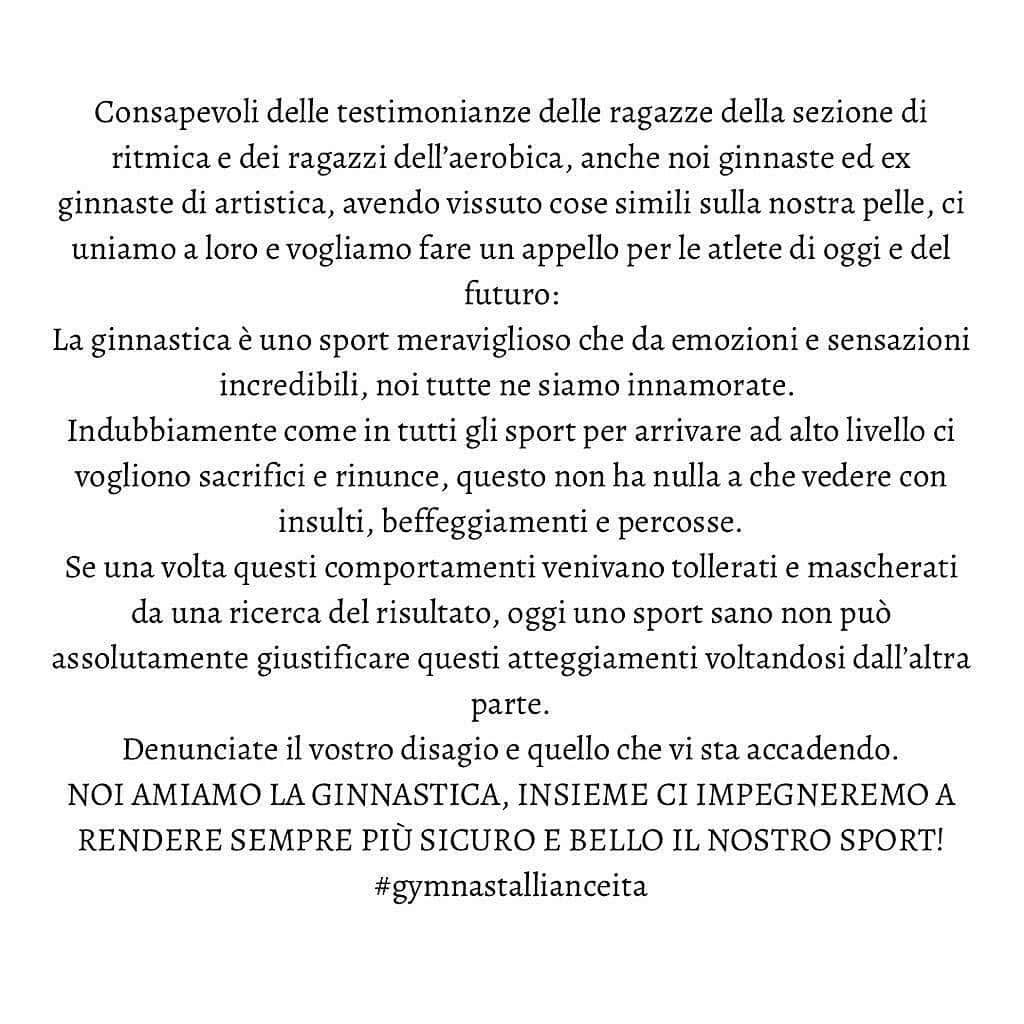 エリーザ・メネギーニのインスタグラム：「Elisa Meneghini   #gymnastallianceita   Alla GINNASTICA. Allo SPORT sano.  Perché sia fonte di Gioia per noi e per le generazioni future.  Perché DEVE essere vissuto con serenità e L'AMORE che ci può regalare.  Stop 💔」