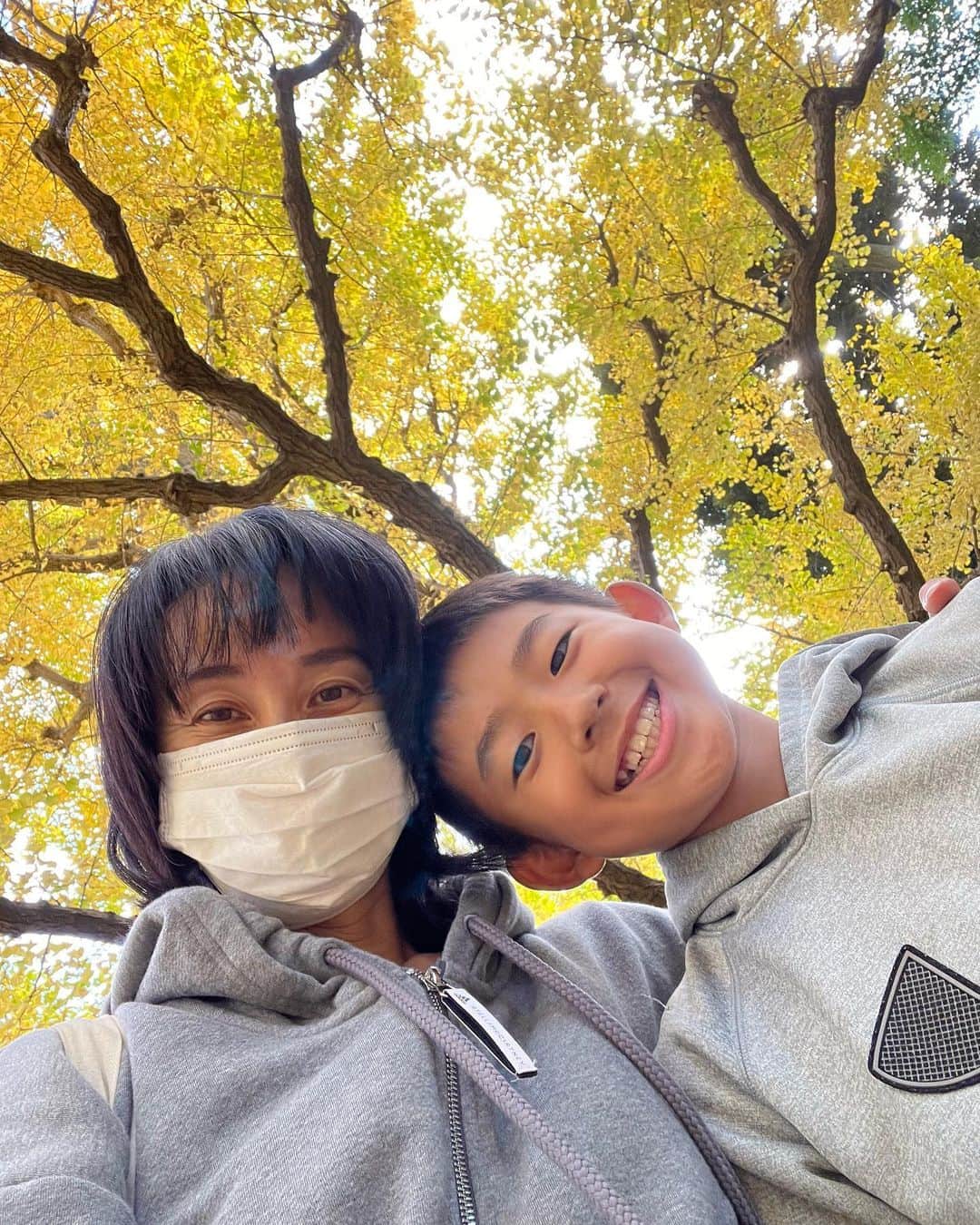 東尾理子さんのインスタグラム写真 - (東尾理子Instagram)「だいぶ色付いてきてました🍂 こうやって子供と歩ける時間、胸がいっぱいになる🌿  秋晴れの気持ち良い日☀️  #神宮外苑いちょう並木  #3人育児」11月9日 18時10分 - rikohigashio