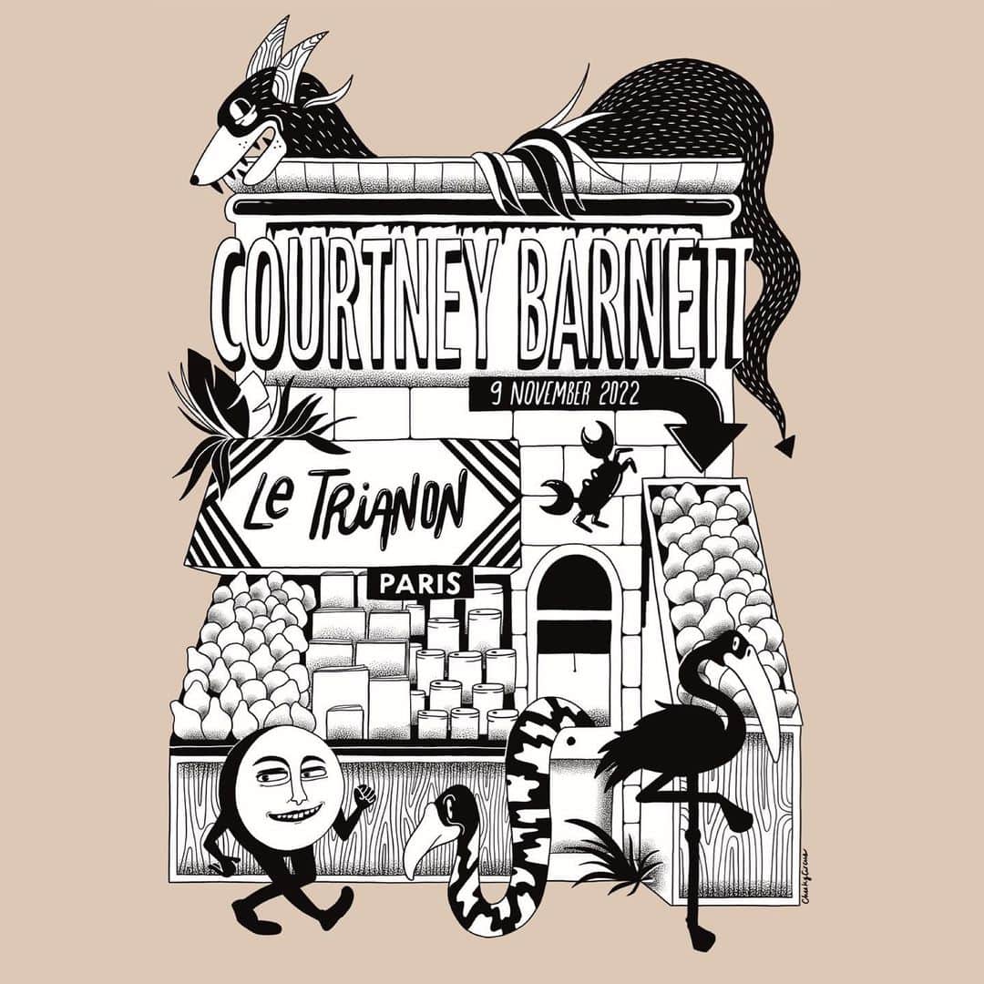 コートニー・バーネットのインスタグラム：「Paris tonight at Le Trianon! 6.30pm doors, 8pm @hachikumusic & 9pm CB. Poster by @cheekycircus available at the merch desk. Last few tix at courtneybarnett.com.au/tour 🖤」