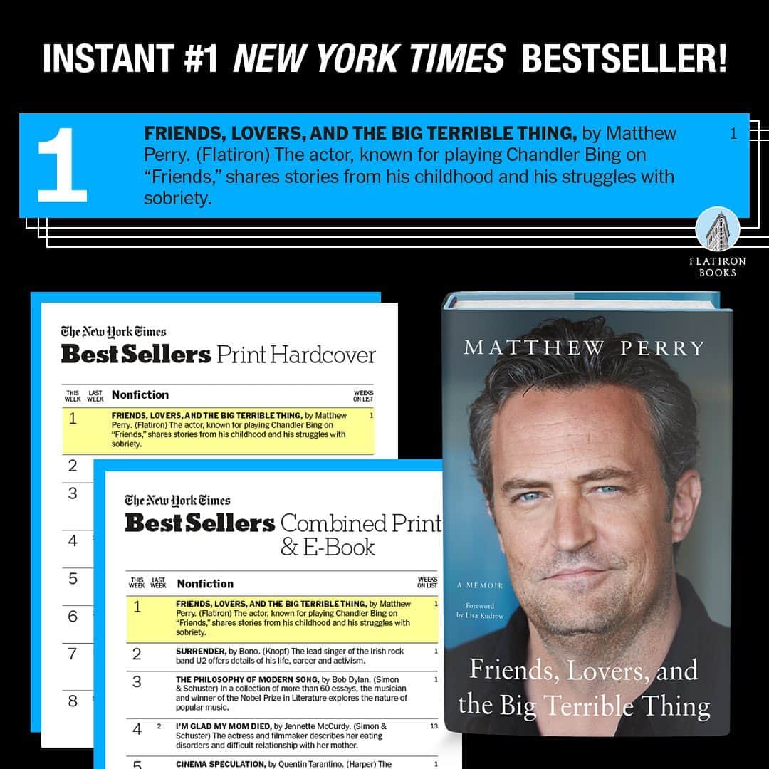 マシュー・ペリーのインスタグラム：「#1 ⭐️ Wow- a dream come true! Thank you all so much for making #FriendsLoversBook #1 on the New York Times bestseller list. Feeling grateful and humbled for all of the love you have given my memoir and am happy to hear my words resonated with you.」