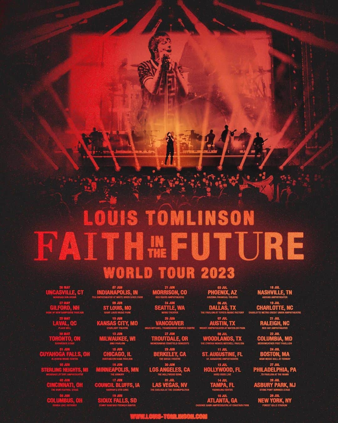 ルイ・トムリンソンのインスタグラム：「FAITH IN THE FUTURE WORLD TOUR 2023. NORTH AMERICA.  Really really excited to finally announce the North America tour! These songs were created for these moments and I can’t wait to share them with you!  Tickets on sale tomorrow. Link in bio.」