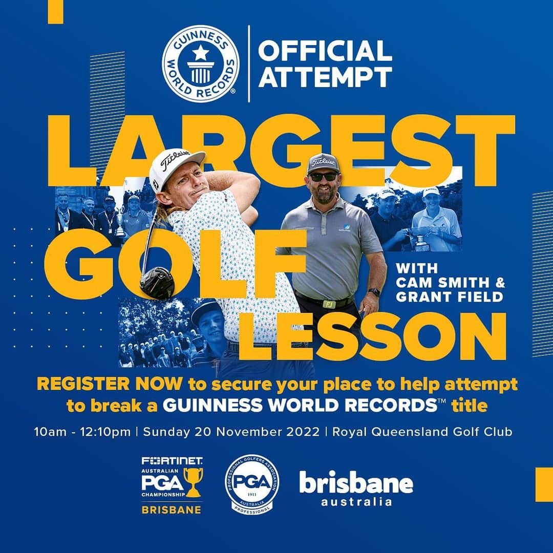 キャメロン・スミスのインスタグラム：「@cameronsmithgolf and his coach, PGA Professional @grant_field_golf have joined forces with the PGA of Australia to break the GUINNESS WORLD RECORDS™ title for the Largest Golf Lesson!  Be a part of something big and stamp your name in the history books!   Register your attendance at https://pga.org.au/largest-golf-lesson//」