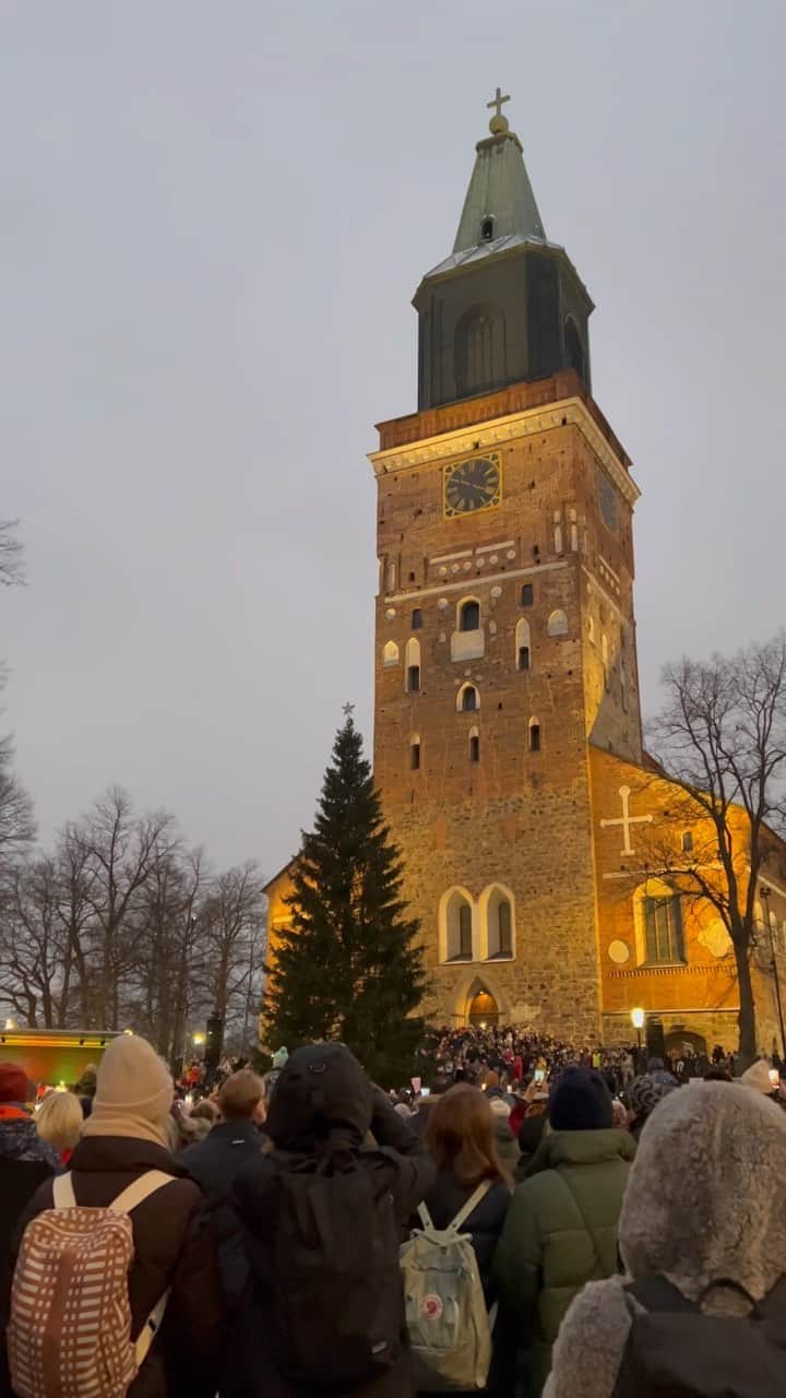 スオミの旦那と一生一笑のインスタグラム：「この前、クリスマスツリーの点灯式に行ってきましたinトゥルク🇫🇮🎄 このトウヒの木、毎年運ばれてくるのですが、今年は高さ23メートルで、3400kgだそうです…どでかい〜！！  #トゥルク #クリスマス準備 #北欧 #クリスマス #フィンランド #点灯式 #クリスマスツリー #北欧の暮らし」