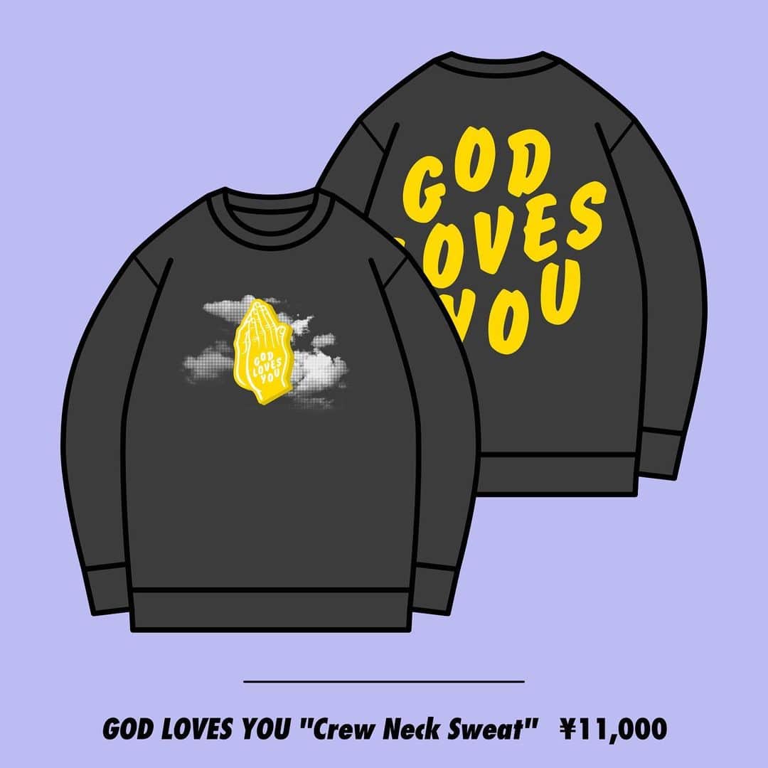 SALUのインスタグラム：「GOD LOVES YOU “Crew Neck Sweat”  (Blue / Black)：11,000円（税込） M	：着丈73 / 身巾60 / 肩巾56 / 袖丈61 L	：着丈75 / 身巾62 / 肩巾57 / 袖丈62 XL	：着丈77 / 身巾64 / 肩巾58 / 袖丈63  ▷販売時間 16:00~19:00　および　終演後30分  ▷支払方法 現金決済のみ  ※チケットをお持ちでない方もグッズを購入することが出来ますが、 チケットをお持ちの方を優先させて頂く場合もあります。予めご了承ください。 ※早期に売り切れになる場合があります。ご了承下さい。」