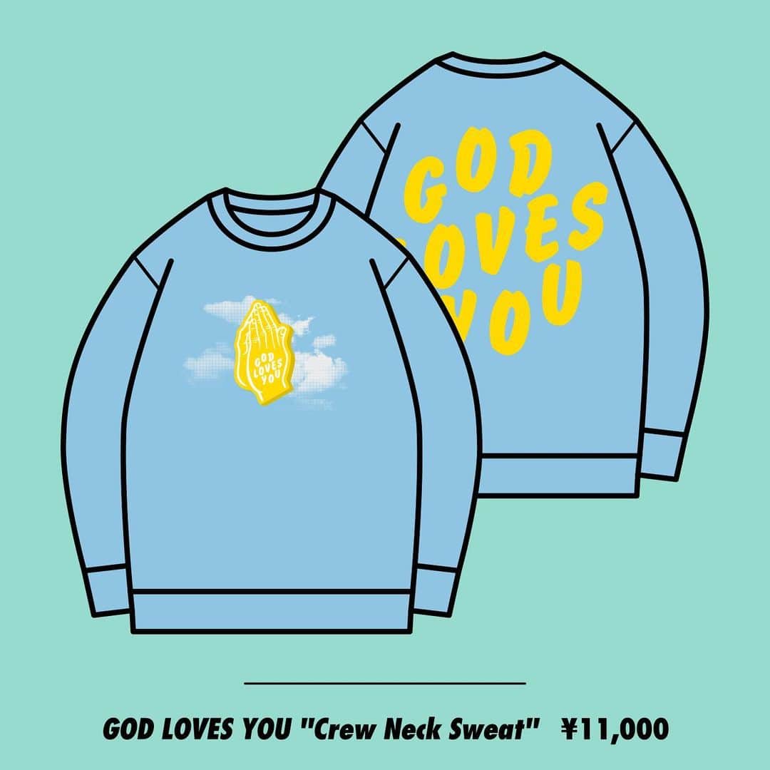 SALUのインスタグラム：「GOD LOVES YOU “Crew Neck Sweat”  (Blue / Black)：11,000円（税込） M	：着丈73 / 身巾60 / 肩巾56 / 袖丈61 L	：着丈75 / 身巾62 / 肩巾57 / 袖丈62 XL	：着丈77 / 身巾64 / 肩巾58 / 袖丈63  ▷販売時間 16:00~19:00　および　終演後30分  ▷支払方法 現金決済のみ  ※チケットをお持ちでない方もグッズを購入することが出来ますが、 チケットをお持ちの方を優先させて頂く場合もあります。予めご了承ください。 ※早期に売り切れになる場合があります。ご了承下さい。」