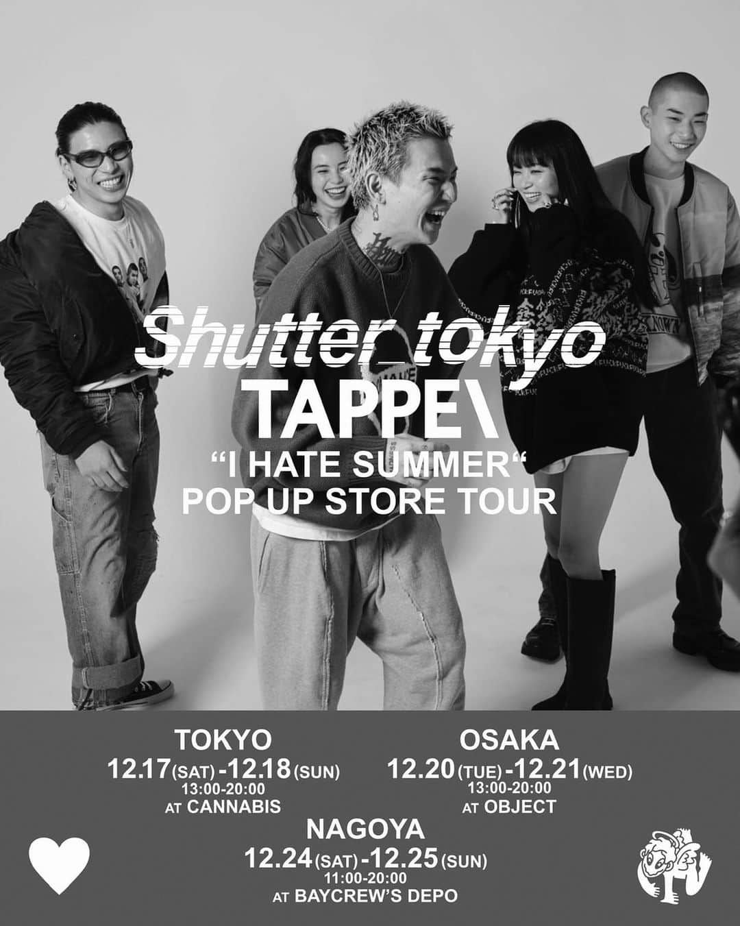 カワグチジンのインスタグラム：「タッペイと服を2年ぶりに作りました！！！ ハートのMA1やニット。teeやネックレスなど前回より金も時間も人も爆裂稼働していただいて実現しました！  タッペイちゃんはオイラが病める時も健やかなる時も近くにいてくれて、支えてもらったりもしたり何やらこう自分が生きていてどう恩を返したら良いのかと考える。そんなマイメンなんですよ。  でね、そんな彼に最初に連絡をしたのは6年前くらいかな？ 当時　@cannabis_tokyo で働きながらタトゥーを彫ってたタッペイのアートワークを見て、「こんなに未完成なタトゥーを彫ってる人が居るんだな〜」みたいなことを思ってて、個人的に今振り返ってみると自分は"未完成の美しさ"みたいなものに惹かれる性質なのかもな。と思います。 完成されたものももちろん美しいんだけど何かが足りないとか、何かこう人間らしさを共感したのだと思います。  そんで共通の友達にアポイントを取って彼にタトゥーを彫って貰いたいと頼んでみたんです。  当時もう有名だった僕はまぁ断られる事はないだろう。たかを括っていたら見事に断られたんです。  理由は"今は友達にしか彫ってなくて"って理由だったんですよ。  なら友達になるしかないか。  と思ってお店に通って買い物したりして直接会ってアポイント取ったんですね。  それからはもう知ってる人は知ってると思うんですけどオイラの超ベストフレンドで、YouTube辞める時も何しようかとふらついてた時期も音楽始めるって相談した日のこともジャケのデザイン作ってくれたときのことも  なにかこう思い出すとグッとくるものがあるんです。  彼とこうして仕事を出来る事を僕は嬉しく思います。  まぁ商品は見て分かる通り最高傑作を並べられたって感じです。  説明不要って感じっすね。  どうせ多分初日にはかなり売れて前回みたいにメルカリで7万とか8万とか転売されてもっと数作れば良かったー。みたいになるんだろうなーって感じですけど  なるべく転売よりもポップアップに来てくれたら嬉しいなーと思います！！  僕も全日程店舗に居るのでいろんなお話しましょう！  よろしくお願いしまーす！！！！  JIN KAWAGUCHI、西村健太が主催する クリエイティブグループshutter_tokyoと、 タトゥーアーティスト、グラフィックデザイナーのTAPPEIによる 第二弾POP UP STORE TOUR  “I HATE SUMMER”が 2年ぶりに下記日程にて開催いたします。  東京 12月17日(土)-12月18日(日) 13:00-20:00 CANNABIS 〒150-0001 東京都渋谷区神宮前 5-17-24 3F  大阪 12月20日(火)-12月21日(水) 13:00-20:00 OBJECT 〒542-0081 大阪府大阪市中央区南船場4-6-3 田口ビル2F  名古屋 12月24日(土)-12月25日(日) 11:00-20:00 BAYCREW’S DEPO 〒460-0008 愛知県名古屋市中区栄3-32-1 名古屋PARCO 南館 3F BAYCREW’S DEPO POP UPスペース  会期中は両アーティストによるコラボレーションアイテムを販売致します。  I HATE SUMMER JACKET(リバーシブルMA-1) (KHAKI,NAVY,BLACK) 38500円(税込)  ROMANCE KNIT 17600円(税込)  “F” KNIT 17600円(税込)  ”F“ LONG SLEEVE TEE 7700円(税込)  DRUNK NECKLACE 13200円(税込)  ※下記2アイテムは 名古屋POP UP STOREのみ販売  UNKNOWN SWEAT SHIRTS (WHITE,RED,SAX) 14300円(税込)  JIN BAND LONG SLEEVE SHIRTS (WHITE,BLACK)  7700円(税込)  各都市ごとに別注アイテムの追加販売や イベントも開催致します。  東京ではI HATE SUMMER JACKETのCANNABIS別注カラー(BLACK)を追加販売。  大阪では12月20日20:00-3:00まで anonyme 〒542-0081 大阪府大阪市中央区南船場4-10-21 2F にてナイトマーケットを同時開催。  名古屋では UNKNOWN SWEAT SHIRTS JIN BAND LONG SLEEVE SHIRTS を別注アイテムとして追加して販売致します。  各日程、各会場共に大変混雑が予想されますので、当日は整理券の発行などスタッフの指示に従い下さいませ。  また協議中では御座いますが、現時点でのオンライン販売の予定は御座いませんのでご容赦くださいませ。  それでは皆様のご来場を心よりお待ちしております。  shutter_tokyo TAPPEI」