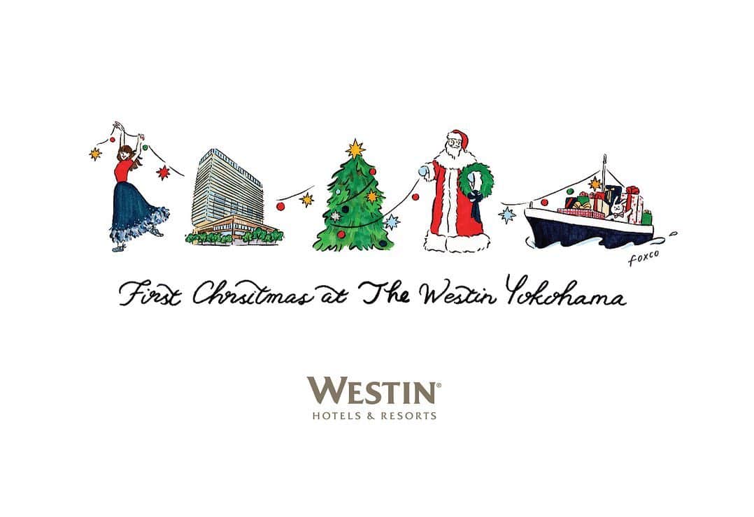 渡邉香織のインスタグラム：「Work for @westinyokohama 🌲Greeting card for guest💌  新しくオープンしたウェスティン横浜の初めてのクリスマス🎄街や緑と”つながる“ことを大切にしているウェスティン横浜なのでみんなでライトを持って飾り付けをしている様子です💡」
