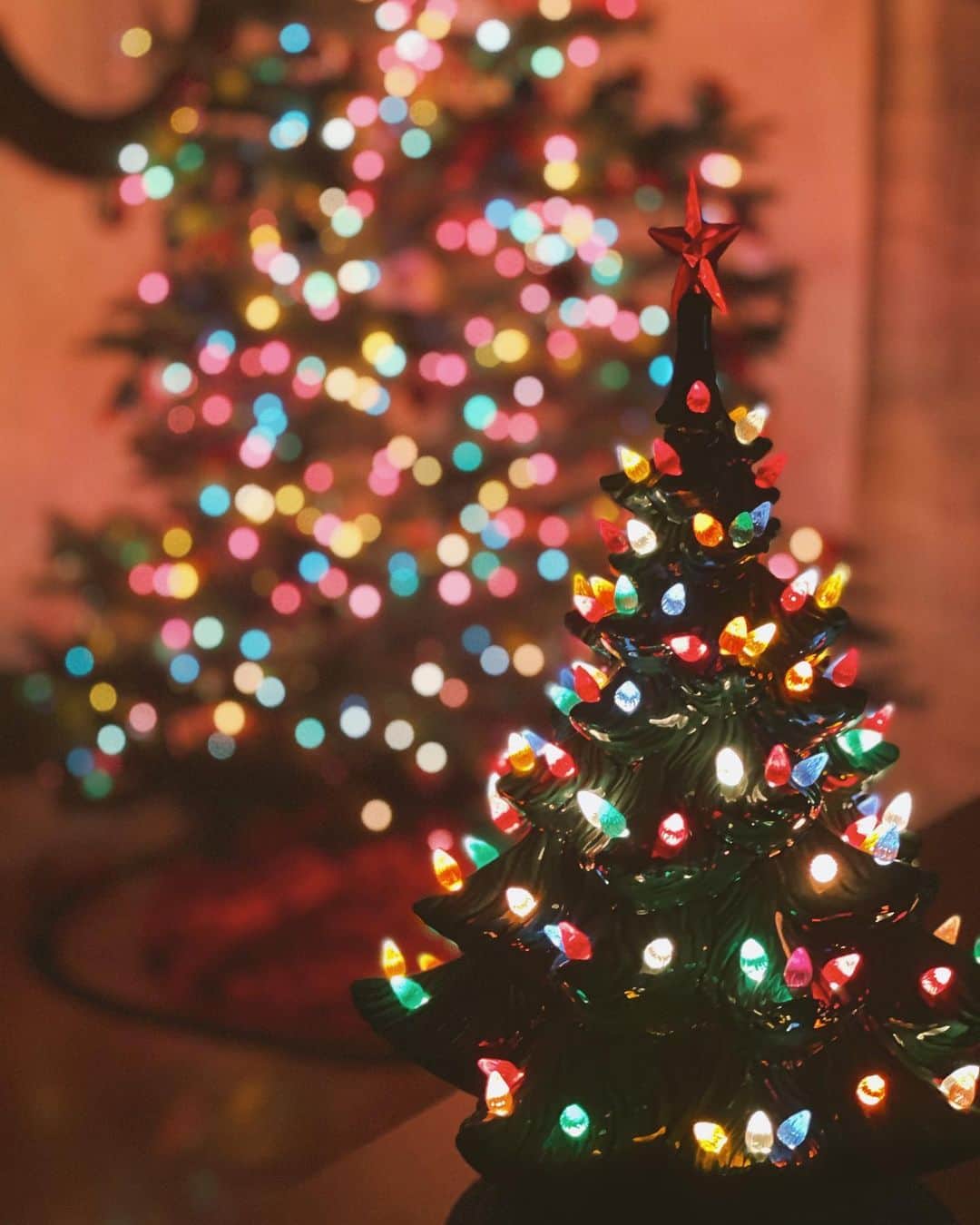 Robin May Flemingのインスタグラム：「At first it felt like clutter. My eyes, resigned after 11 months to stark, sprawling white, crashed hard into the greens, the reds, the lights, so many lights! I briefly toyed with the idea of a Minimalist Christmas—just a handful of ornaments scattered in beiges, whites, and gold. To be that person.... Imagine? I imagine it often. I imagine being someone who glides through life the way they glide through their scraped-bare spaces, serene. And then a week passes, and then another. And my grandma’s crocheted Santa winks from the tree. The fluffy owl that topped our very first tree of married life winks, too, content beneath the star I broke and then re-bought because I loved it so, that I pack in a 90s-era Club Monaco box, with layers and layers of yellow-edged foam. The lights tangle, literally. No poetry here. And I have to breathe through the process of releasing them from one another. How many people are doing the exact same thing, in this exact same moment? Christmas roars in my ears, joyous.」