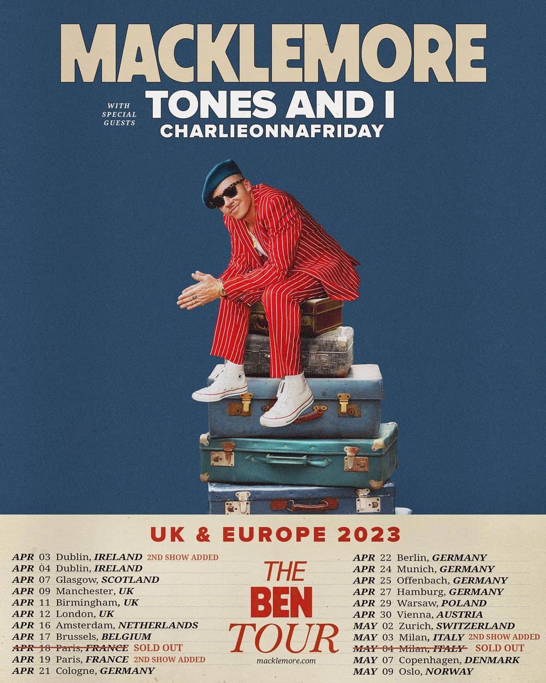 マックルモアーのインスタグラム：「I have to tell you guys something… I’m bringing a couple close friends with me to Europe and the UK @tonesandi @charlieonnafriday 👀🌍…THIS TOUR IS ABOUT TO BE FUCKING AMAZING.  Oh, and due to demand we added additional shows in Paris and Dublin. TICKETS ON SALE NOW! And they gooooooing fast 💨 🙌🏻😆」