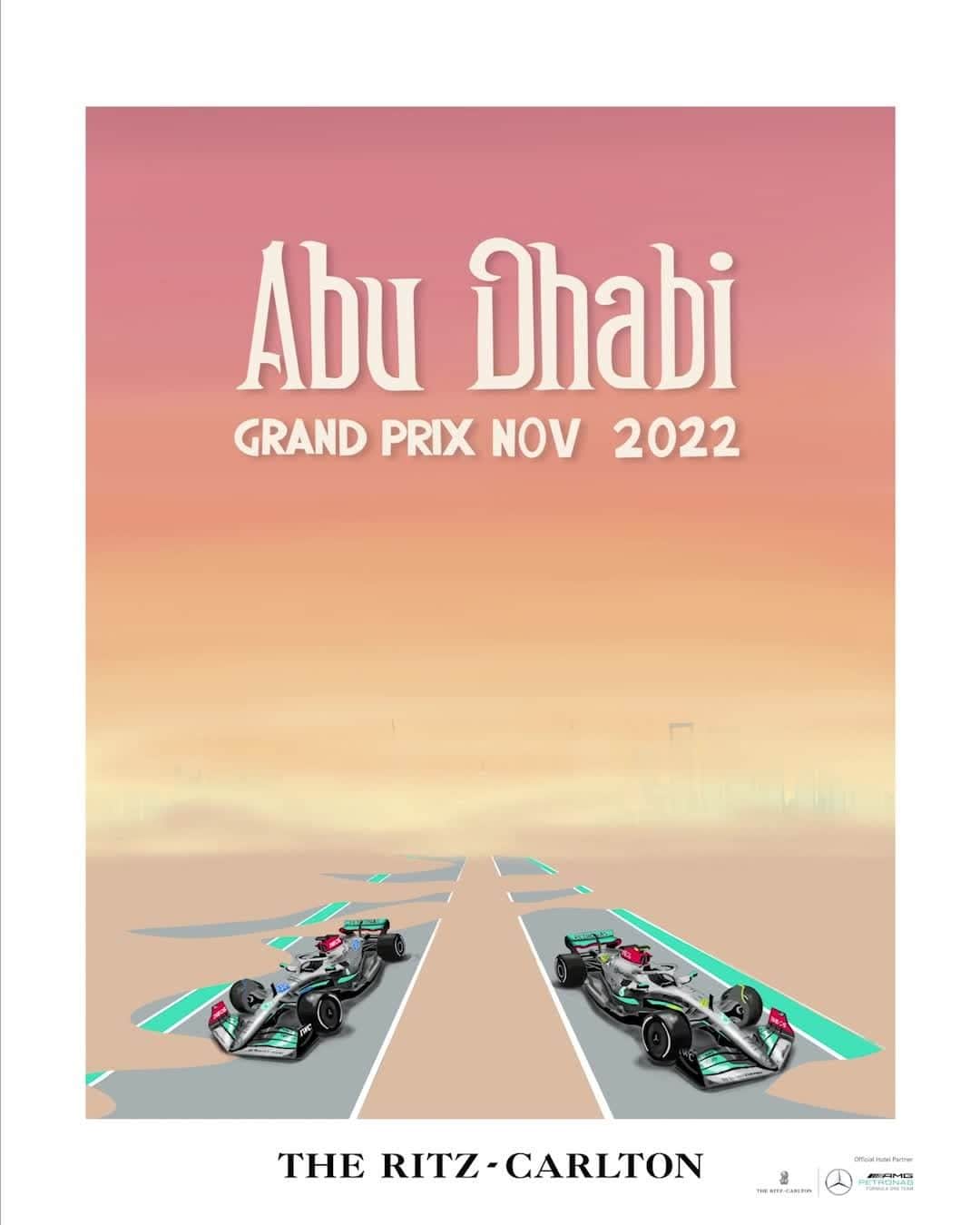 リッツ・カールトンのインスタグラム：「We're crossing the finish line on the 2022 F1 season in #AbuDhabi with @mercedesamgf1 and @ritzcarltonabudhabi — the newest travel poster from Artist Partner @louisnicolasdarbon frames this week’s Abu Dhabi Grand Prix finale with a dramatic view of the desert.」