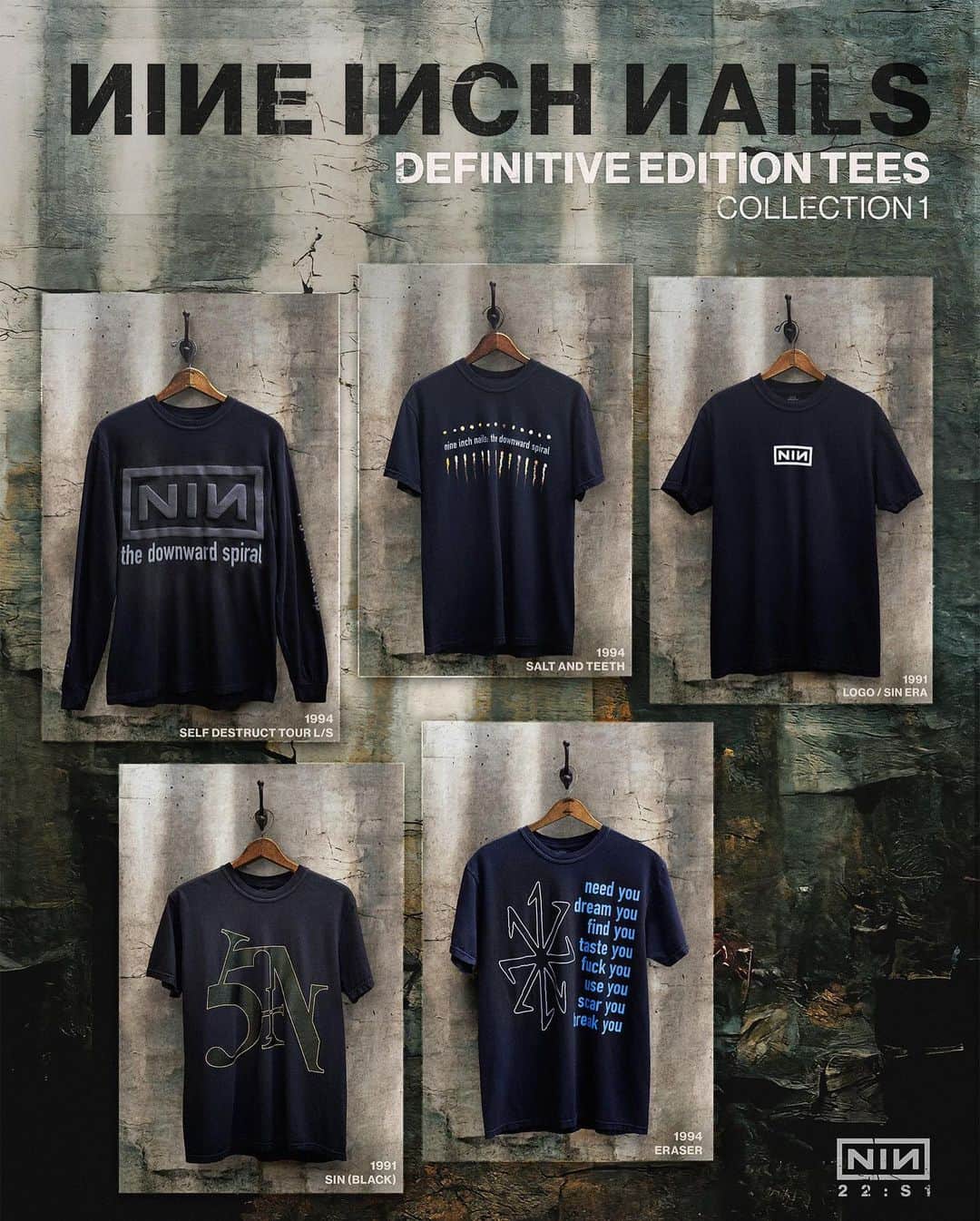 ナイン・インチ・ネイルズのインスタグラム：「The first collection of Nine Inch Nails Definitive Edition Tees. A curated selection of classic NIN T-shirts that have been painstakingly recreated and approved by Trent Reznor, Mariqueen Maandig Reznor, and NIN Art Director John Crawford. These 5 limited reproduction shirts feature designs originally created between 1991 and 1995.  Available now at nin.com」