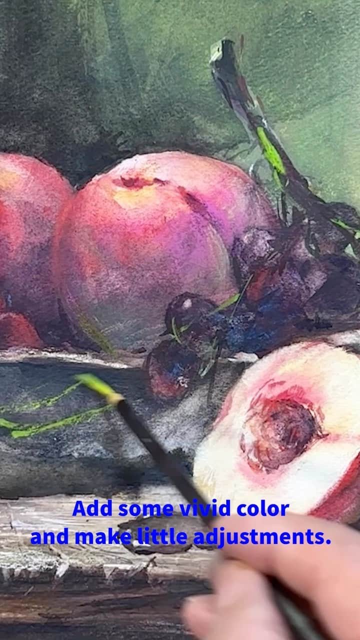 柴崎春通のインスタグラム：「In this episode, I’m going to use watercolor paints…to paint a still-life painting for the first time in a while.  美味しそうな桃を頂いたので、早速食べる前に描いてみたいと思います。😉  YouTube: Watercolor by Shibasaki   #shiba_watercolor #painting #drawing #watercolor #watercolorpainting #stilllife #静物画 #果物 #もも #水彩」
