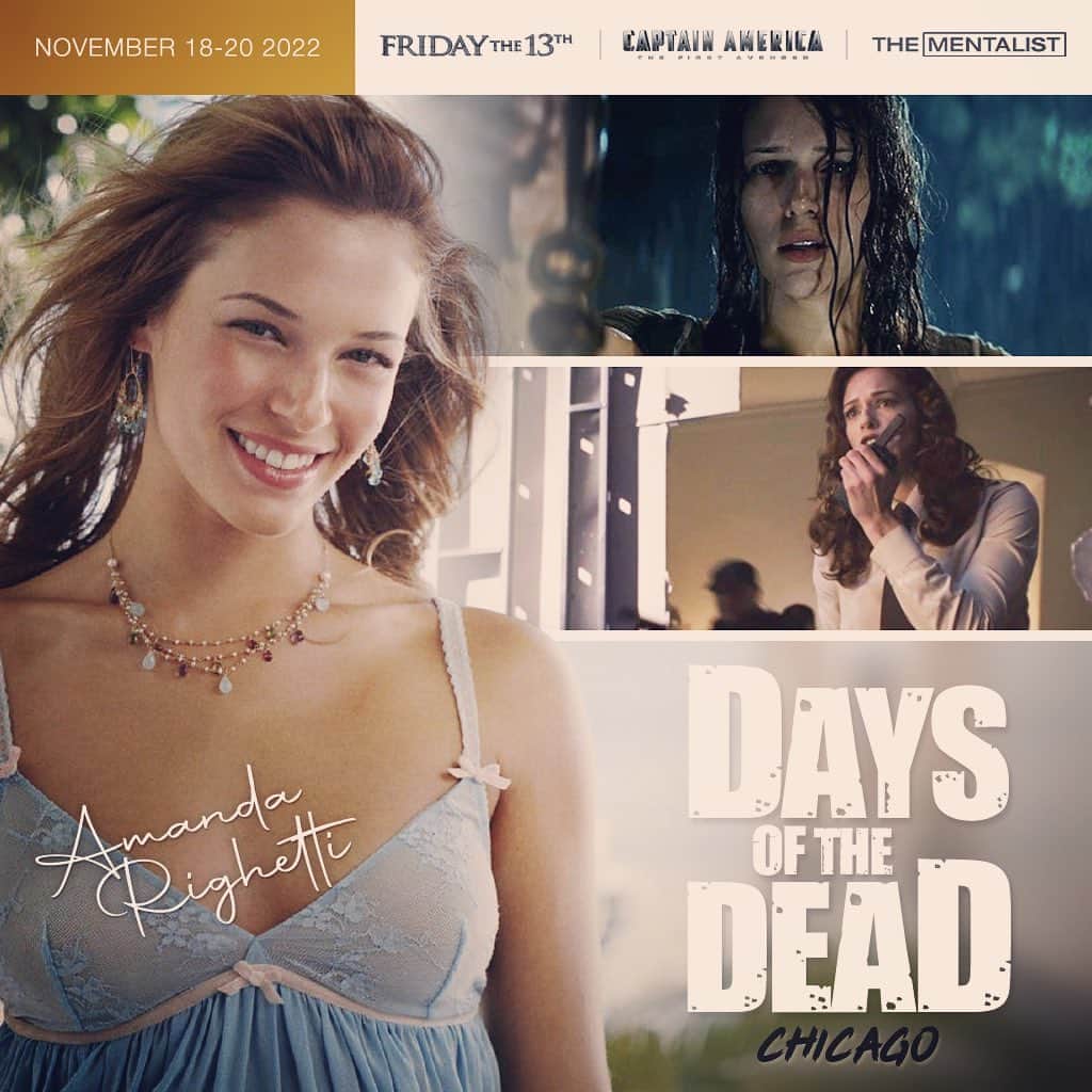 アマンダ・リゲッティのインスタグラム：「I’m coming for you Chicago! Days of the Dead starts tomorrow. Check out the link in my bio for more info on the show. #daysofthedead #fridaythe13th #whitneymiller #jasonvoorhees #thementalist #gracevanpelt #captainamerica」