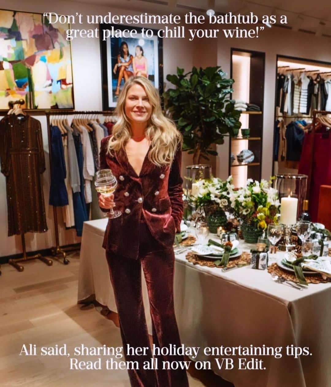 アリ・ラーターのインスタグラム：「✨✨✨Veronica Beard X Forever Gold Wine in NYC!✨✨✨What a gorgeous night with these incredible women kicking off the entertaining season! Not much better than slipping into a velvety suit and drinking my deep red wine with inspiring women! Thank you @veronicaswansonbeard The real question is have you ever used your bathtub to chill your wine?! ✨😎✨🍷✨」