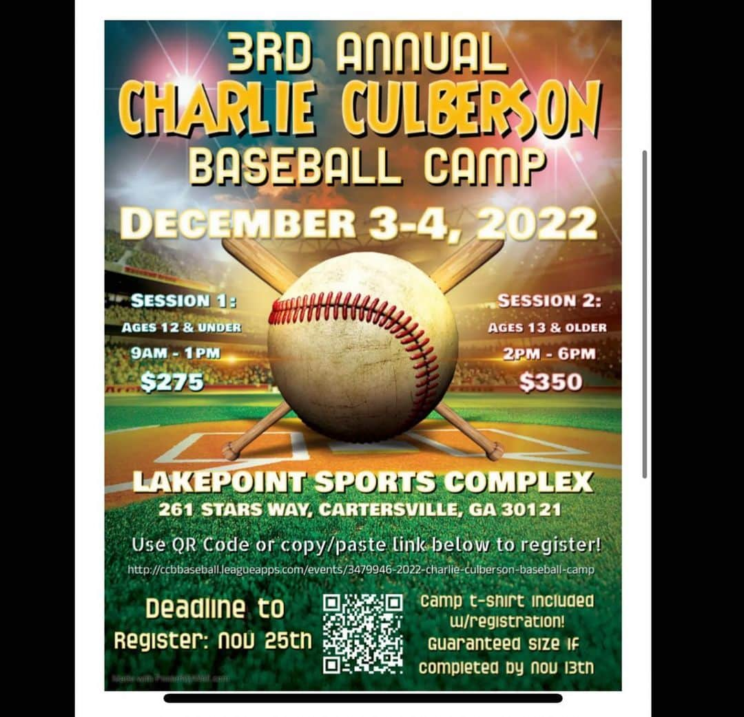 チャーリー・カルバーソンのインスタグラム：「💥💥💥 We are 3 weeks away from our annual baseball camp! We will have instruction from professional players and professional scouts! Can’t wait to see you there and get ready to put in the work! And get a chance to meet NL Rookie of the year Michael Harris II! @ccb_baseball @lakepointsports 👇🏼. LINK TO SIGNUP IS IN MY BIO! 💥💥💥」