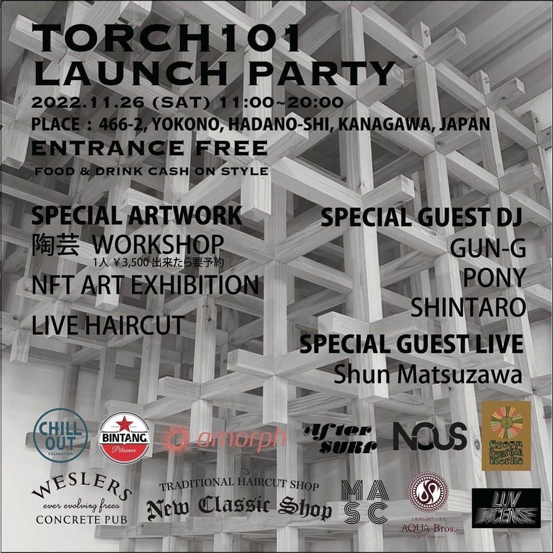 shunshun188labelのインスタグラム：「【TORCH 101 LAUNCH PARTY】 2022.11.26 SAT ENTRANCE FREE ーーーーーーーーーーーーーーーー 【SPECIAL GUEST  DJ】 13:00- GUN-G from AQUA Bros.  14:30-  PONY from HOMMAGE   NOUS BMX  16:00- SHINTARO from after SURF  【SPECIAL GUEST LIVE】 Shun Matsuzawa  【BOOTH】 @torch_101  @masc_japan  @newclassic.shop  @luv_incense  ーーーーーーーーーーーーーーーー 【SPECIAL SUPPORT】thanks🔥🙏🏾 @chillout_official  @bintangbeer_japan  @jagermeister_japan  @amorph_kurashiki  @AQUA Bros. @ten_show_gram  @Freedom Inc. @green.pumpkin.works  @weslers.official  @bistro.plat  @calender_thankful  ーーーーーーーーーーーーーーーー 音と陶 11:00-early time 焚き火やBBQしながらかっこいい音楽でゆるく大人のpartyしてますので気軽に遊びきてください🙌🏿  招待制ではないですが 陶芸体験予約&人数制限&パーキング問題アルので行くよって方はご連絡もらえるとありがたいです🙏🏾🙏🏾」