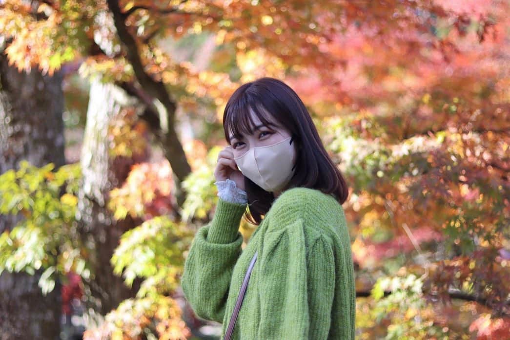 平野詩乃のインスタグラム：「🍁 紅葉をみにいったよ🍂  緑もオレンジも黄色も混ざっていて綺麗だった🍁 自然が本当に大好き、、、  (服も緑で馴染みすぎちゃった🙃)  #紅葉 #日本庭園 #苔庭 #秋 #portrait」