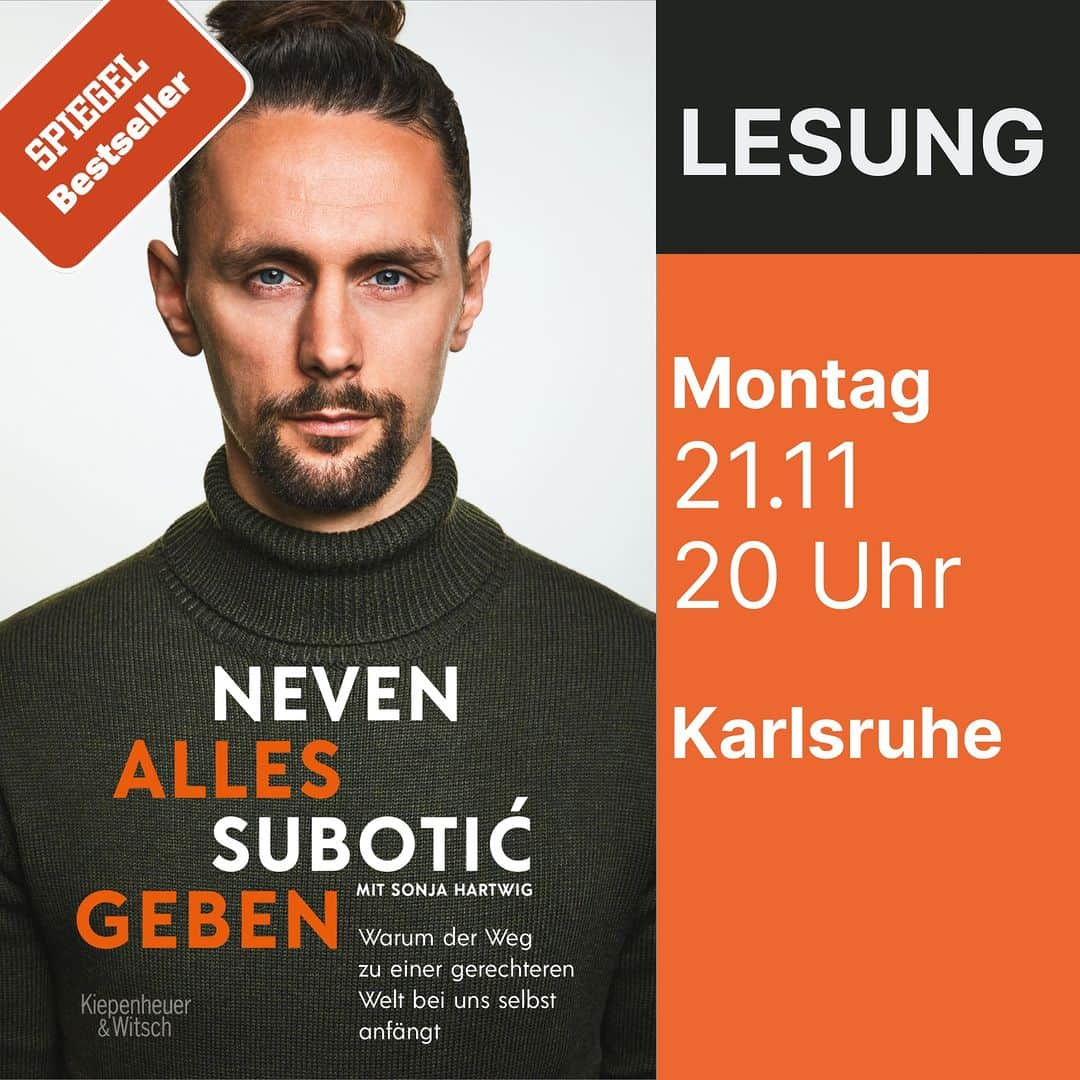 ネヴェン・スボティッチのインスタグラム：「Das Grand Finale des Jahr findest heute statt in #Karlsruhe. Die Lesetour (für dieses Jahr) geht heute zu Ende und ist somit die 33. Lesung von ALLES GEBEN. Wer in Karlsruhe ist oder Freude dazu einladen möchte, der ist herzlich eingeladen. Laut Veranstalter "kriegen wir alle noch rein" und deshalb hier noch die letzte Einladung. Infos beim Veranstalter unter https://p-acht.org/, doch jetzt gibt es nur noch Abendkasse. Freue mich sehr auf den Abend. 19 Uhr Einlass, 20 Uhr Beginn.」