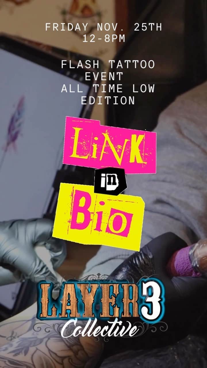 ザッキー・ヴェンジェンスのインスタグラム：「🔗 IN BIO TO SIGN UP!!! ⚡️FLASH TATTOO EVENT 🎶ALL TIME LOW EDITION  FRIDAY NOV. 25TH 12-8PM  All Time Low themed flash tattoo’s will be taking place in conjunction with All Time Low’s concert at The Recher theater, which is located directly across from our studio in Towson. Visit bit.ly/flash-atl or the link in our bio to sign up! . . Must be 18 or older to participate. Tattoos from our All Time Low themed flash sheet at $100. 1 Tattoo per visit. . . This is a special one to us, as @zacharymerrick , Bassist for All Time Low and a partner with Layer 3 Collective, will be in town along with the rest of the band All Time Low. So we are having some fun and throwing an ATL themed Flash event on the Friday of their show as they play right across the street from our shop in Towson. And who knows, you might just run into someone from the band while getting your tattoo 👀  #alltimelow #layer3 #layer3collective #towsontattoos #towsonartists #tattoosintowson #tattooevent #flashtattoos #atl #zackmerrick #flashtattoo」