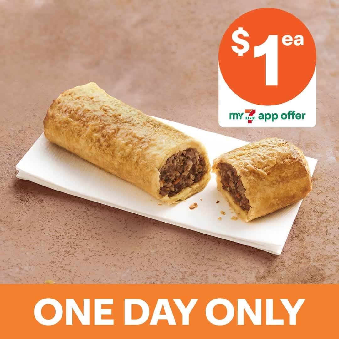 7-Eleven Australiaのインスタグラム：「HOT APP OFFER 🔥 Our iconic sausage roll for only $1 with the My 7-Eleven app today only! Hurry, available while stocks last   Exclusive to My 7-Eleven app members only. Limit of one per customer. While stocks last. Valid 23/11/2022 only.​」