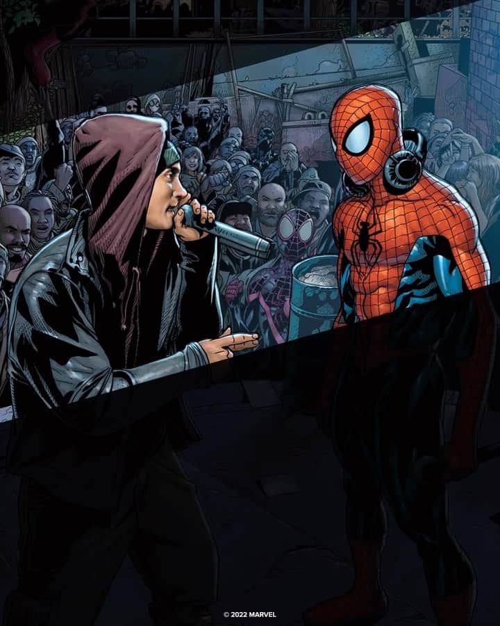 エミネムのインスタグラム：「The rap battle of the century. 🎤 See @Eminem and Spidey face off on hustl’s new variant cover for ‘Amazing Spider-Man’ #1! Mom’s spaghetti not included.」