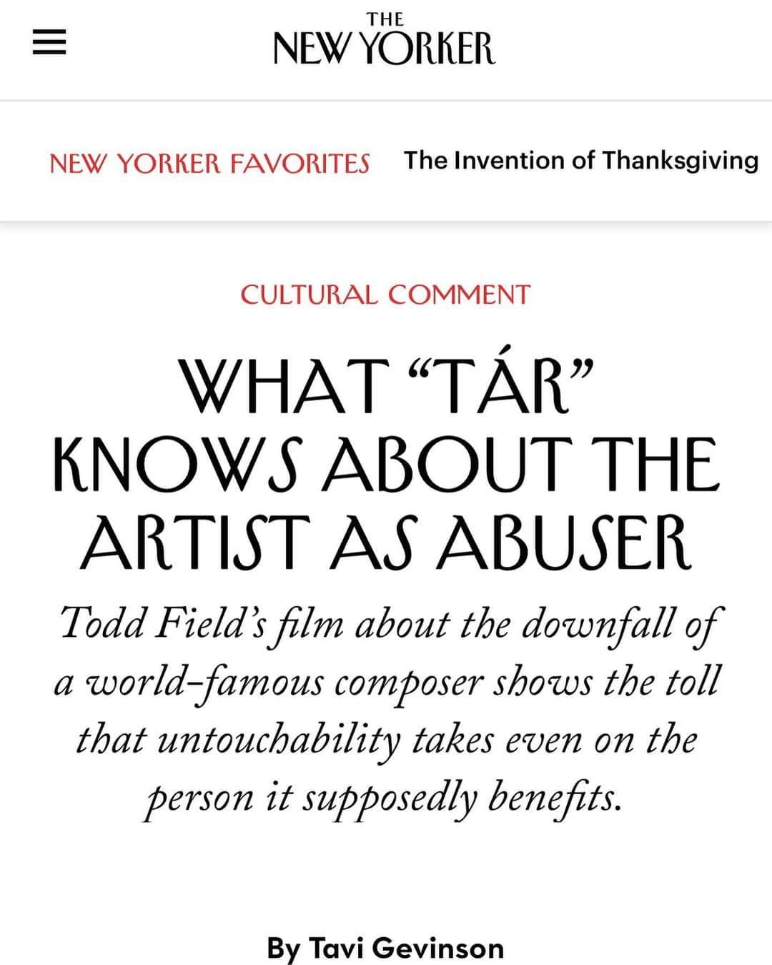 タヴィ・ゲヴィンソンさんのインスタグラム写真 - (タヴィ・ゲヴィンソンInstagram)「I wrote about TÁR for the New Yorker 🤳🏼 link in bio 🪗 thank you @newyorkermag!」11月25日 1時53分 - tavitulle