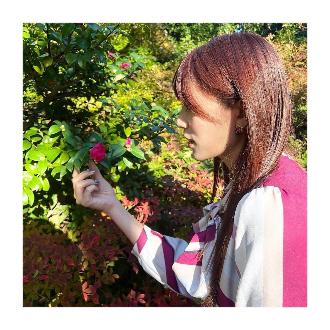 のインスタグラム：「* 毛利庭園の紅葉はまさに今が見ごろ🍁 もみじが赤々としていて綺麗です！ この写真は一ヶ月くらい前かな？ 咲きはじめた椿と💐 ちょうどこの日の衣装と色がリンクしていました❤︎ 着用しているピアスにも注目です💓 そのほかも全て #三谷の衣装 #ジュエリー 編です！ * #ootd#ootn#outfit#衣装#アクセサリー#accessories#jewelry#ピアス#pierce#リング#ring#イヤカフ#earcuff#紅葉#毛利庭園#椿#テレビ朝日#アナウンサー#三谷紬」