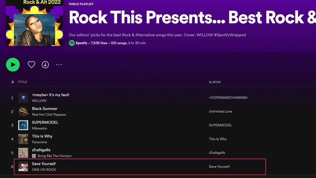 Taka のインスタグラム：「https://open.spotify.com/playlist/37i9dQZF1DX8YNmLOBjUmx?si=5F5Ng-lqToSp02OYK0X97A  Save Yourself @ track 6 on Spotify's Rock This Presents…Best Rock & Alt Songs of 2022 ! Thank you all for the love for Save Yourself!   @spotify @spotifyjp」