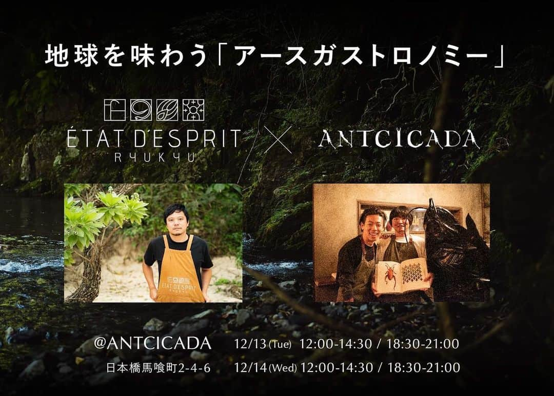 篠原祐太のインスタグラム：「【食を愛する全ての人に来て欲しい】  12月13,14日、今年の集大成となるコラボを実施します。  沖縄県宮古島から État d’esprit（エタデスプリ）渡真利泰洋さんをゲストシェフに迎え、地球を味わい尽くす、2日限りの特別なコース料理をお届けします...!!  @etat_desprit_ryukyu  @tomariyasu_ede   僕らが得意とする旬の虫や昆虫発酵調味料を渡真利さんに使っていただいたり、ヤギやクジャク、ウミヘビなど宮古島の生き物たちを使ったり… かなり面白くなりますよ。  ペアリングも、発売後即完売となった「ゴキブリ卵鞘酒」や「桜毛虫アマーロ」など、僕らのオリジナル商品を積極的に使い、唯一無二の食体験をつくりあげます。  地球を味わう「アースガストロノミー」  美味しさ、楽しさは保証します🌏  以下、詳細です。  ○日程： ・12/13(火)12:00~ 残席有 ・12/13(火)18:30~ 残席有 ・12/14(水)12:00~ 残席有 ・12/14(水)18:30~ 満員御礼  ○定員：各回13名  ○内容：10品程度のコース料理 全料理にアルコールペアリング  ○料金：30000円（税サ全て込）  予約は画像にタグ付けしたオンラインショップから可能です。各回、先着順なので、気になる方はお早めに🙏  #地球 #日本 #東京 #日本橋馬喰町 #レストラン  #earth #japan #tokyo #nihonbashi #restaurant  #アントシカダ #昆虫食 #地球食 #地球少年  #antcicada #entomophagy #nature #adventure  #沖縄 #宮古島 #エタデスプリ #伊良部島 #etatdesprit #irabu #miyako #foodie #gourmet」