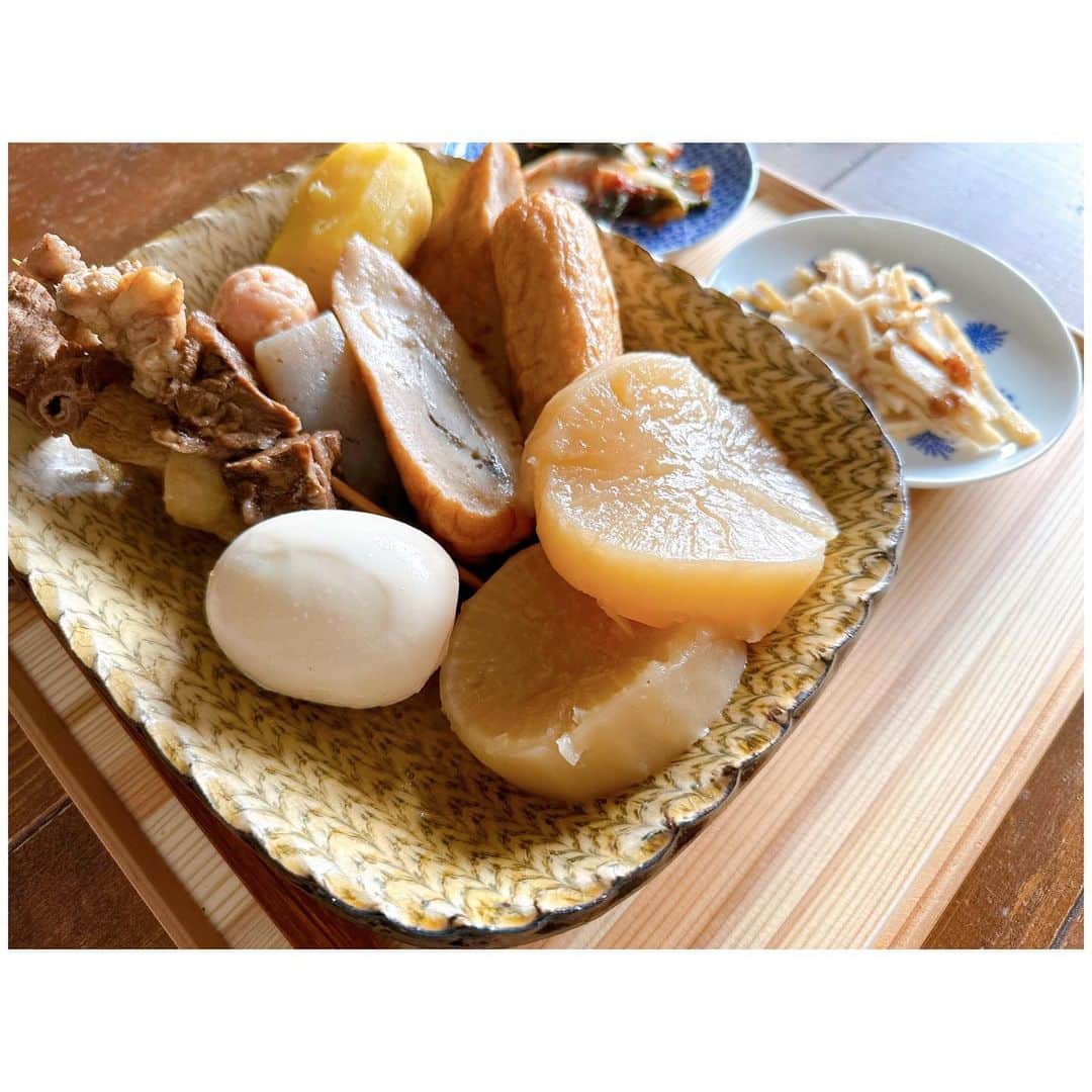 李ヒャンのインスタグラム：「大根の種まきした時から楽しみにしていたおでん🍢 少し前に叔母とおでんの話をしていたので、大根を託して作ってもらいました。 じっくり仕込んでくれた🍢 出汁がしっかり染み込んでめちゃくちゃ美味しかった😋 最初順調だったけど、収穫の直前にコガネムシの幼虫に喰べられまくって穴沢山になっちゃったけど😅 虫も食べたくなるくらい美味しい大根って事で☺️ 自分で育てた野菜を食べれるって幸せだ♡」