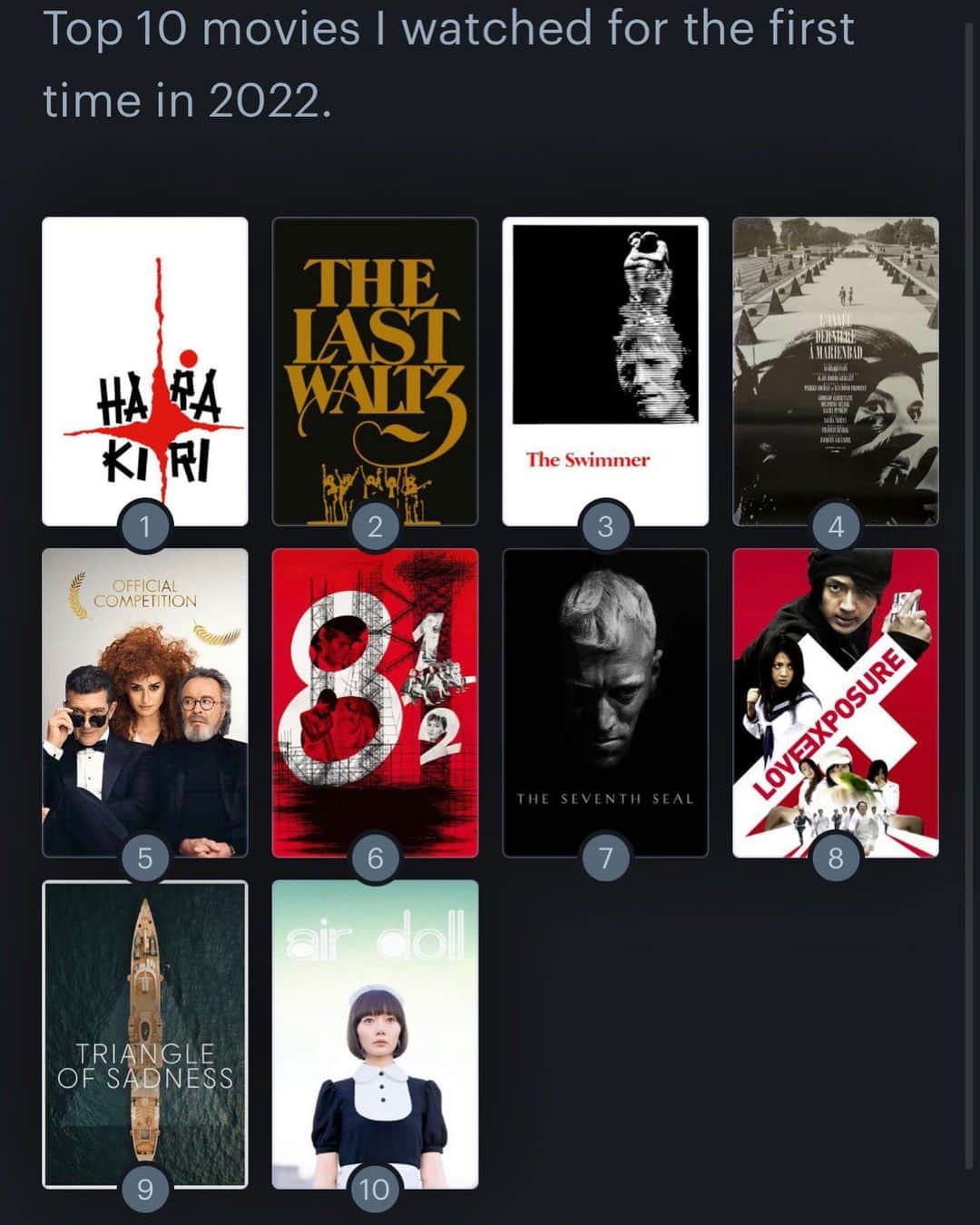 リチャード・ハーモンのインスタグラム：「Top 10 2022  1) Harakiri (1962) 2) The Last Waltz (1978) 3) The Swimmer (1968) 4) Last Year At Marienbad (1968) 5) Official Competition (2021) 6) 8 1/2 (1963) 7) The Seventh Seal (1957) 8) Love Exposure (2008) 9) Triangle Of Sadness (2022) 10) Air Doll (2009)」