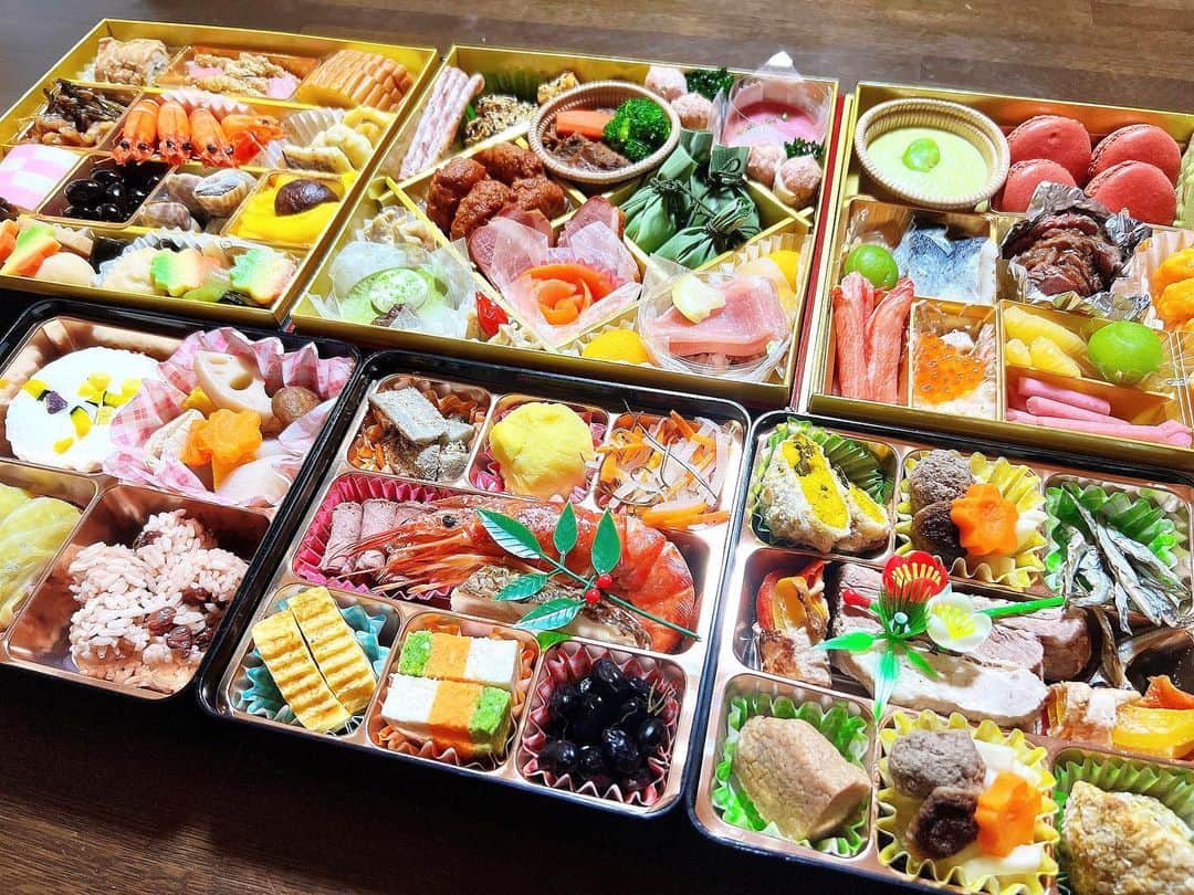 川上礼奈のインスタグラム：「. おせち幸せ〜🍱🌟 手前3箱はわんちゃん用のおせち🐶 みんなと一緒におせち食べて幸せいっぱいでした〜💕」