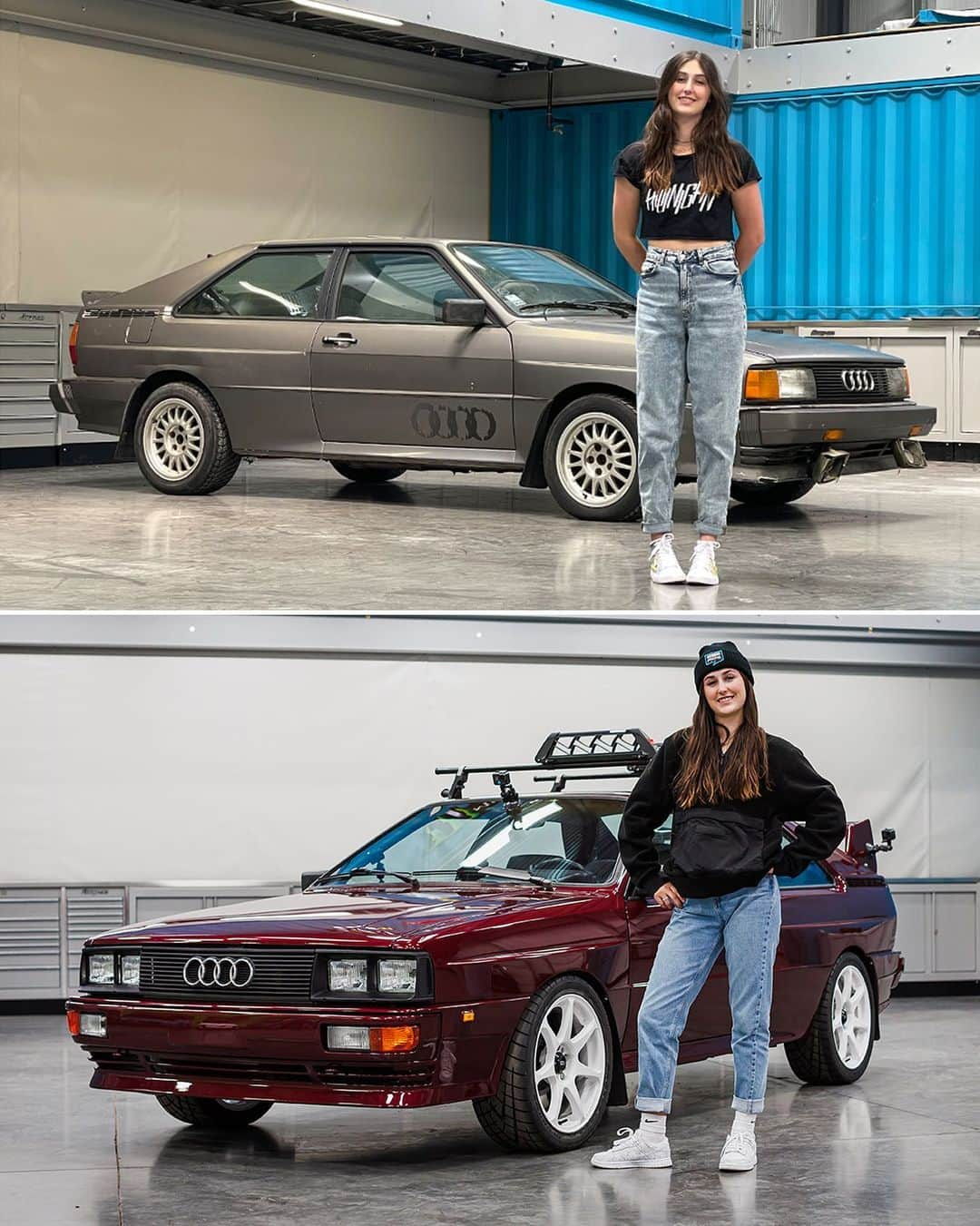 ケン・ブロックのインスタグラム：「The 4th and final episode of my 16-year-old daughter Lia buying, tearing down, rebuilding and now driving her ‘85 Audi Ur Quattro will be live at 8am PST tomorrow on my YouTube channel. Will her newly-refinished vintage Audi finally do a donut?? Or will this old car break in the attempt? Tune in to find out! #AudiQuattro #UrQuattro」