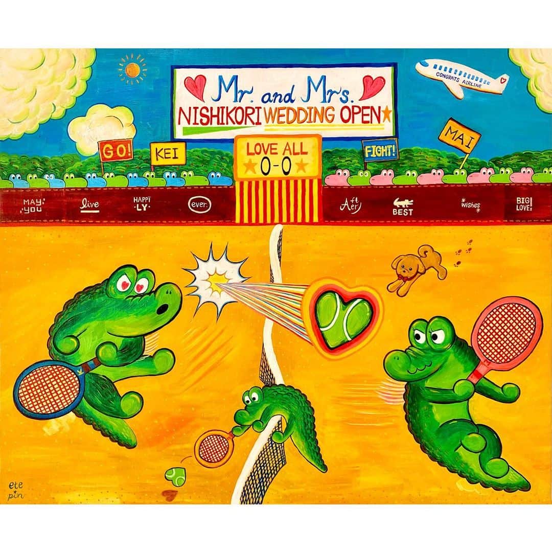 小池花瑠奈のインスタグラム：「💐🐊🎾  🖼title: 「Mr. & Mrs. NISHIKORI WEDDING OPEN 〜May you live happily ever after. Best wishes. BIGLOVE!〜」  size:F20  oil on canvas  ETE PIN  #おめでとう☺️  #oilpainting #painting #drawing #art #exhibition #NEE #WEDDING #TENNIS #crocodile #welcomeboad  #エテピン #ウェルカムボード #わに #油絵 #etepin」