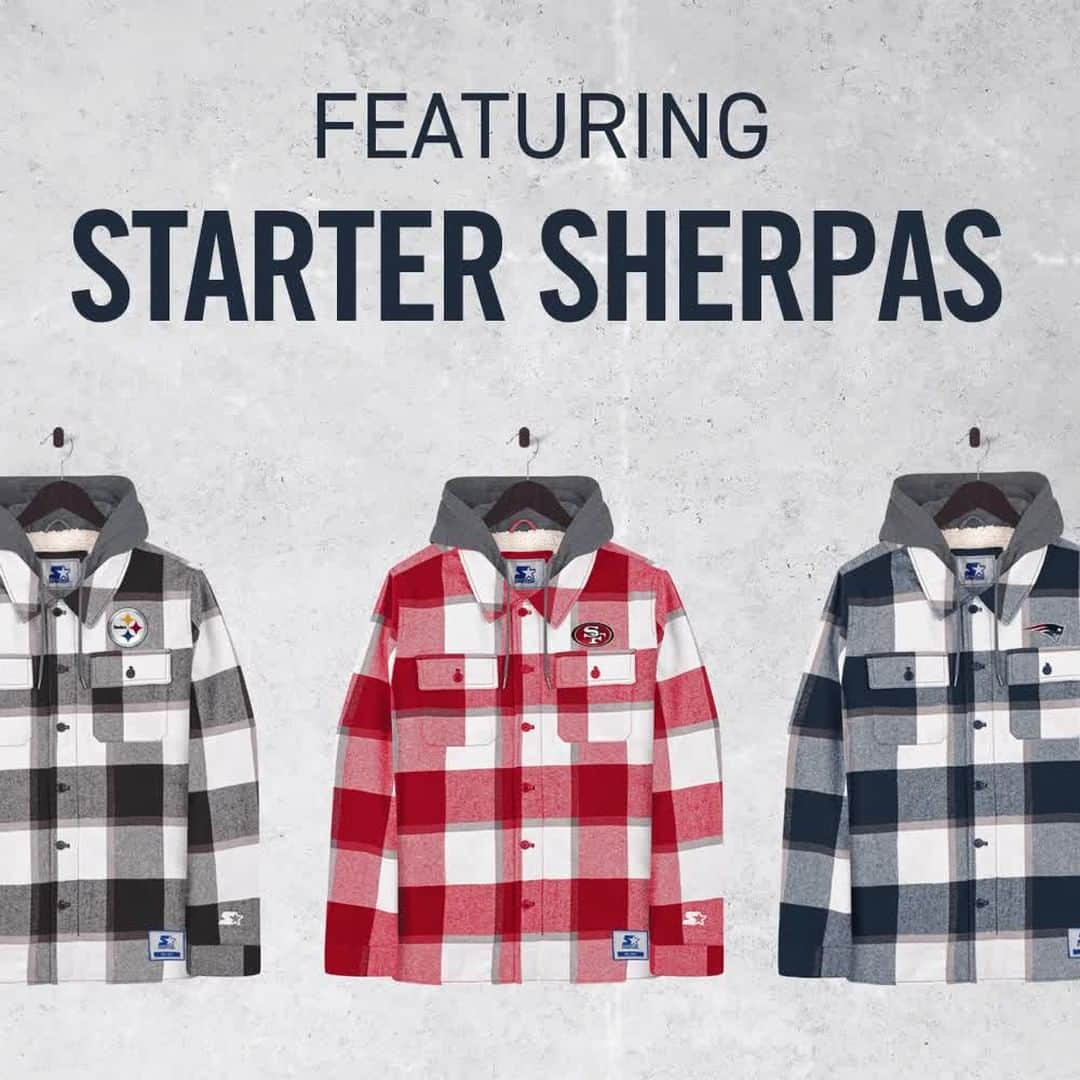 スターターのインスタグラム：「NEW Starter Sherpa Lined Plaid Jackets! 🚨  Now available in the following NFL team logos: - Philadelphia Eagles - Chicago Bears - New England Patriots  - Green Bay Packers  - Pittsburgh Steelers  - San Francisco 49ers  - Cleveland Browns - Kansas City Chiefs  - Buffalo Bills   Available for purchase at Starter.com  #Starter #StarterOfficial #StarterFlannels #StarterSherpas #Eagles #Bears #Patriots #Packers #Steelers #49ers #Browns #Chiefs #Bills #NFL」